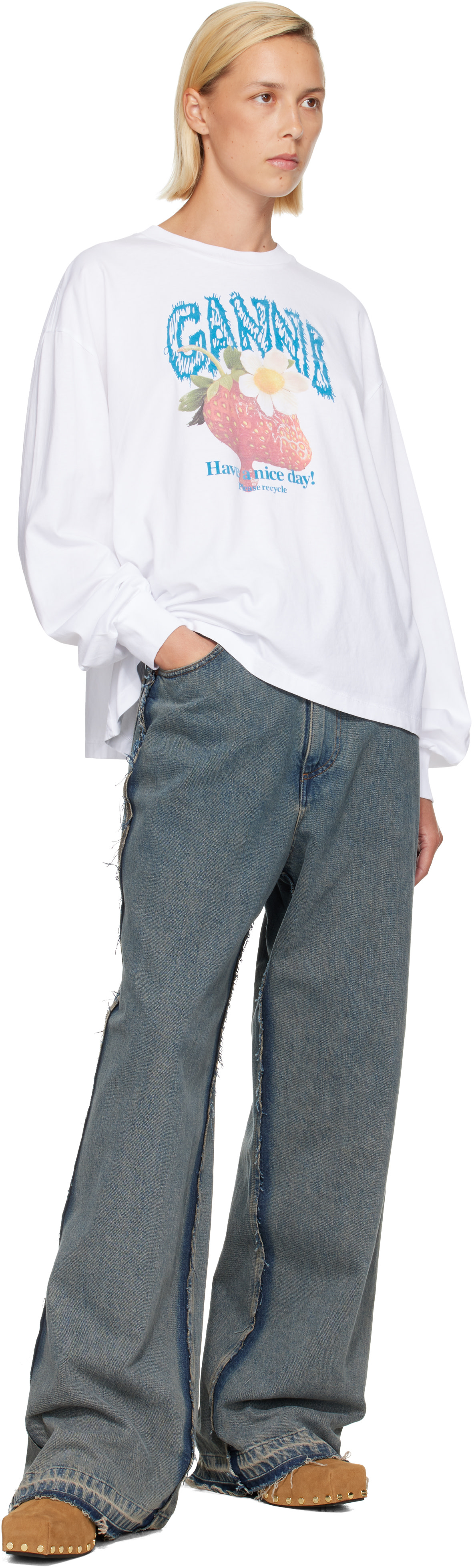 GANNI: White Long Sleeve Strawberry T-shirt | SSENSE