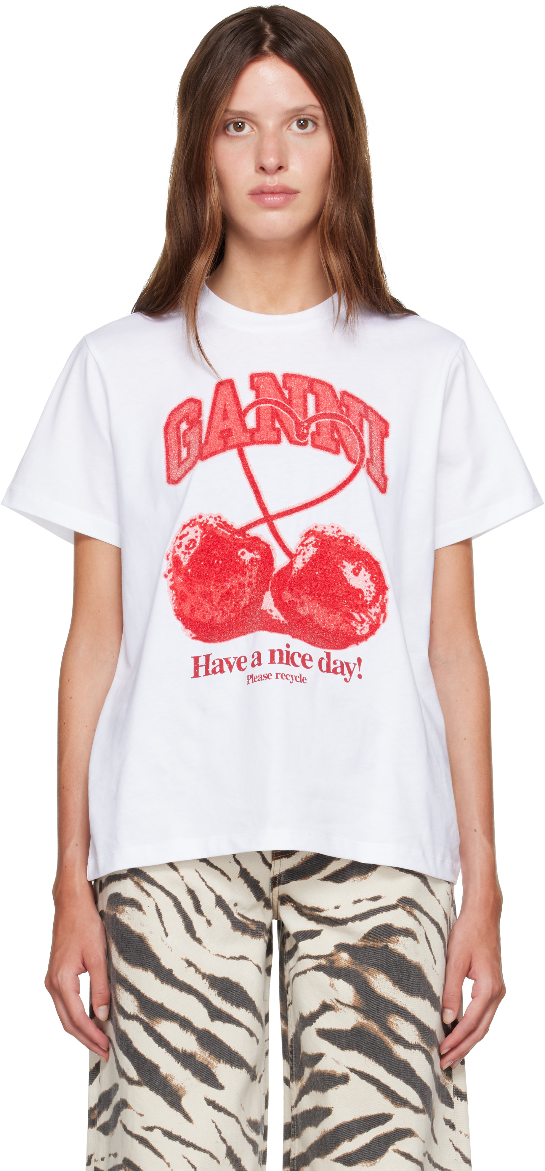 GANNI: ホワイト Cherry Tシャツ | SSENSE 日本