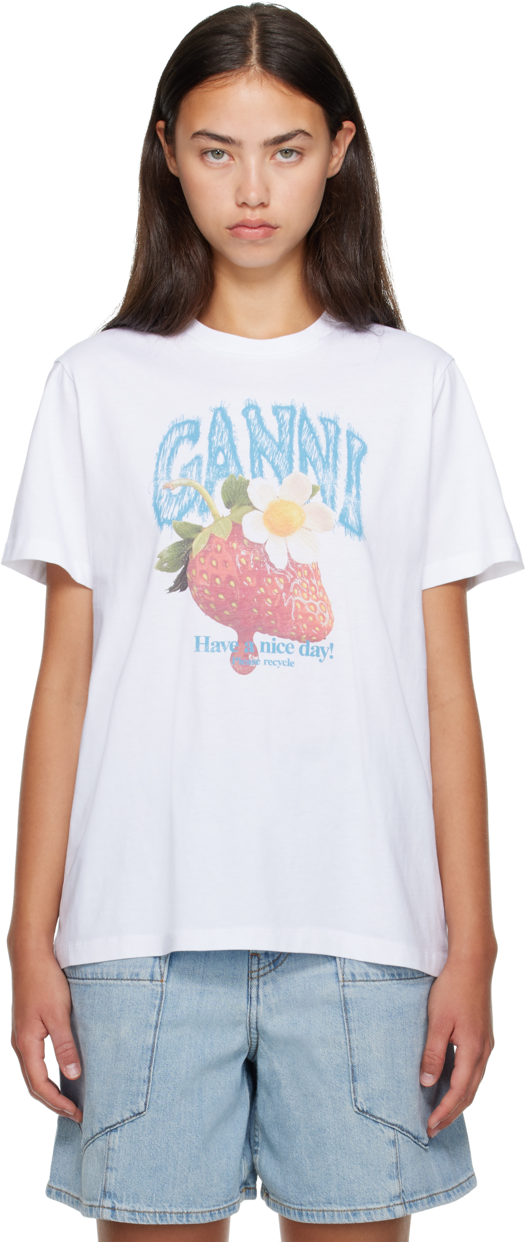GANNI: White Strawberry T-shirt | SSENSE