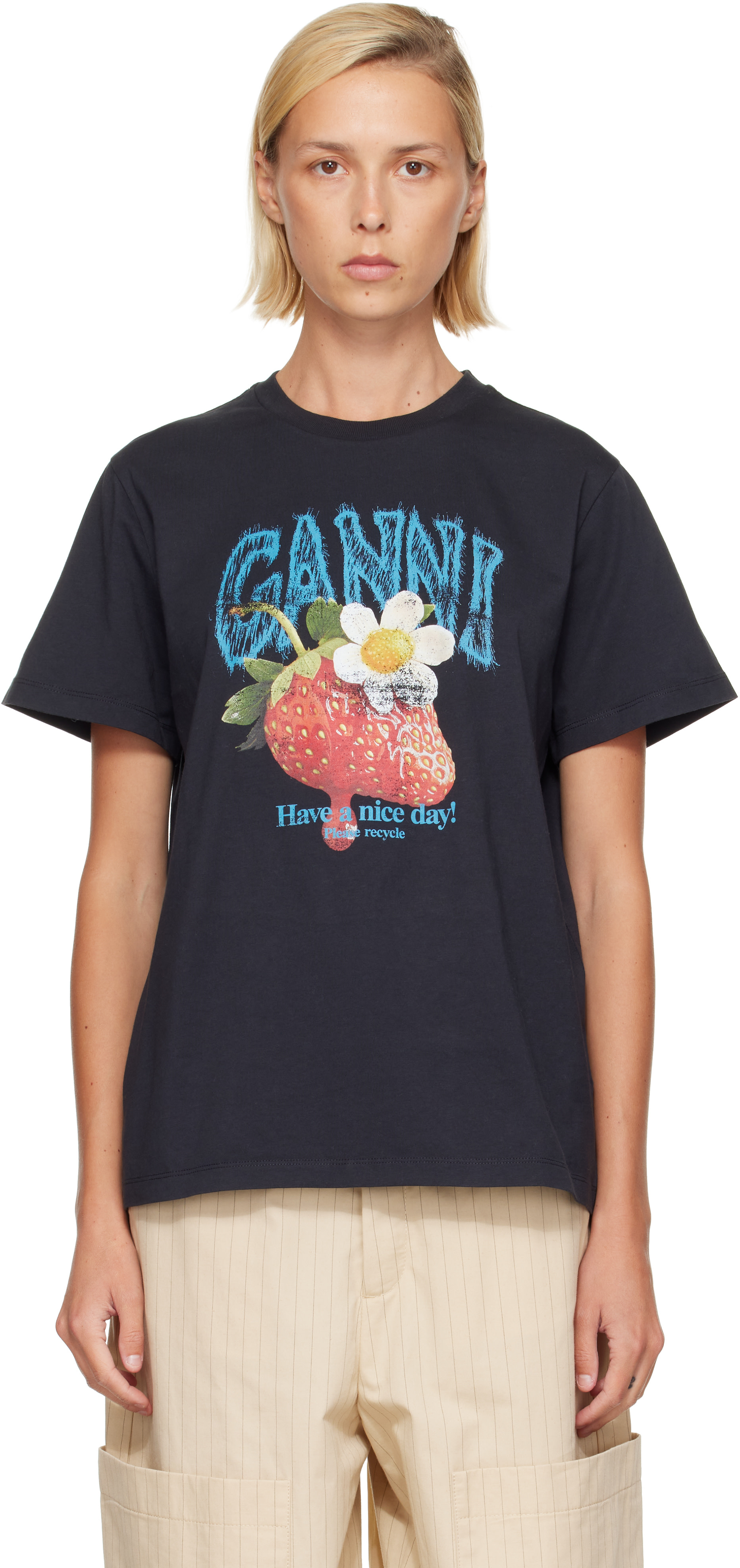 GANNI: Black Strawberry T-shirt | SSENSE