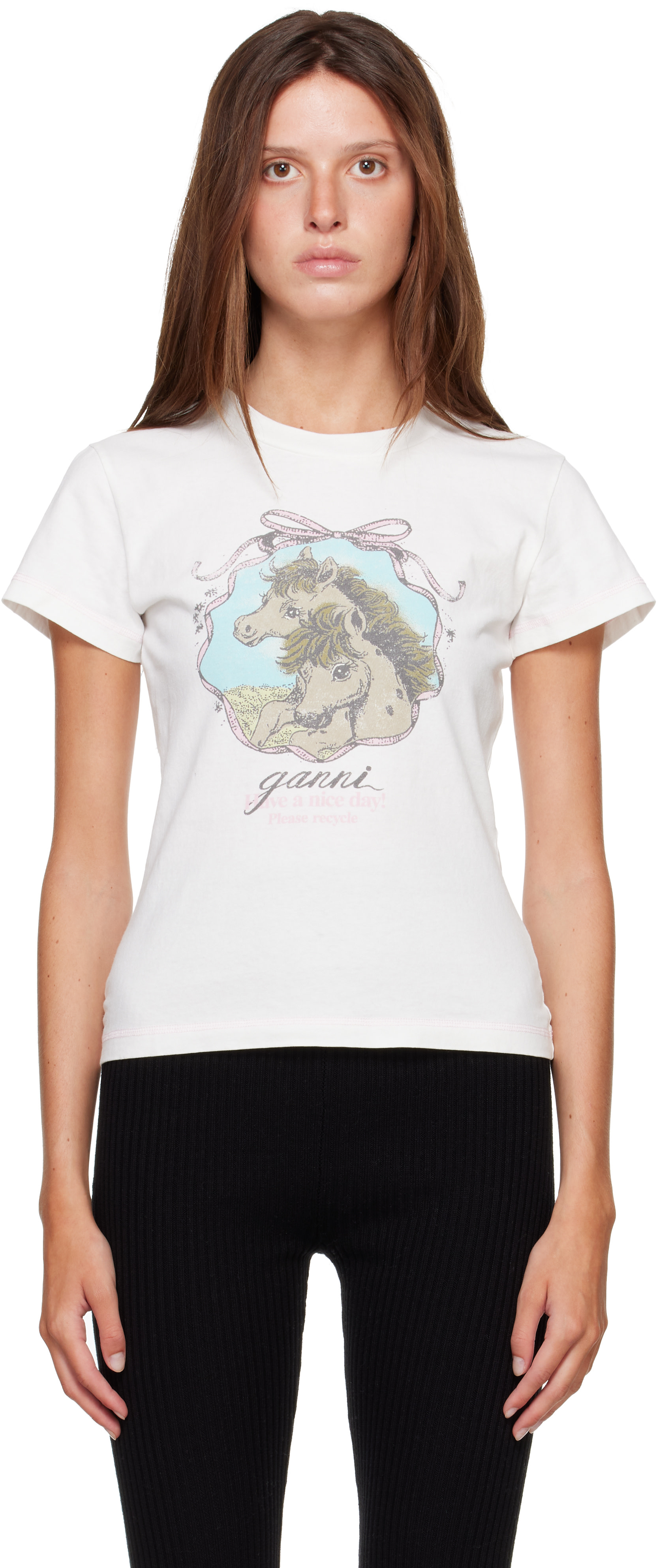 GANNI - Micro t-shirt blanc en coton à image