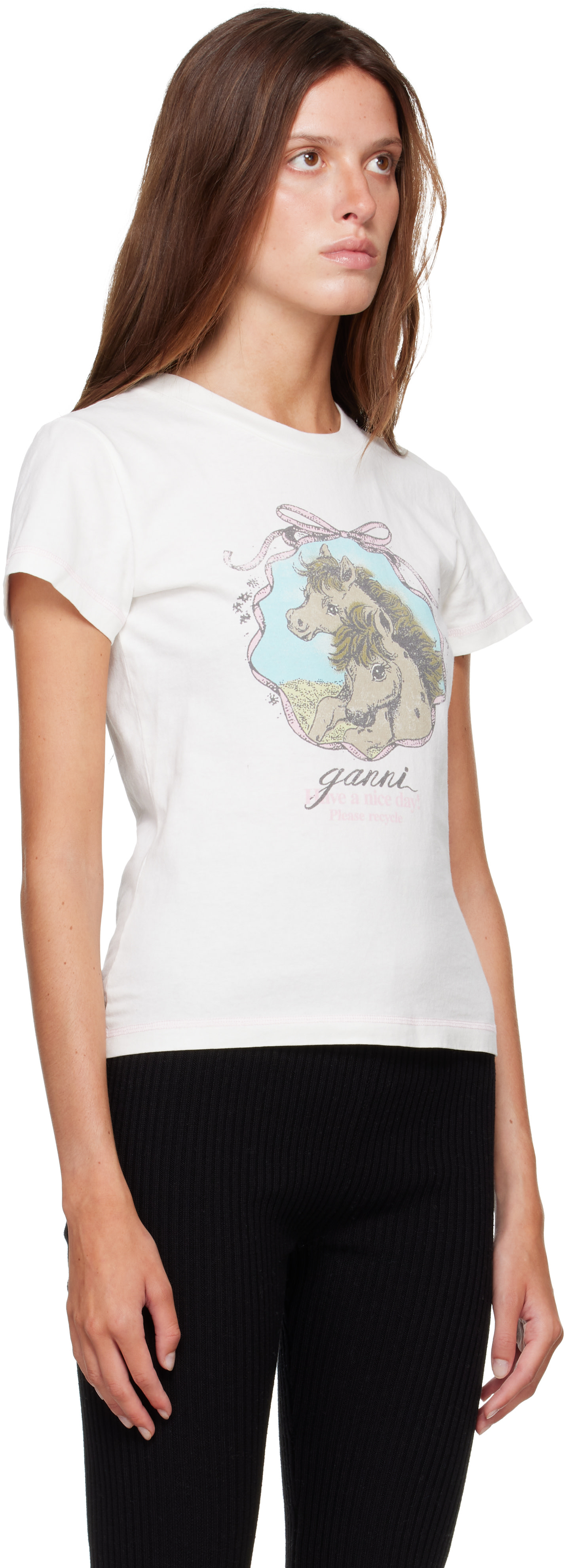 GANNI - Micro t-shirt blanc en coton à image