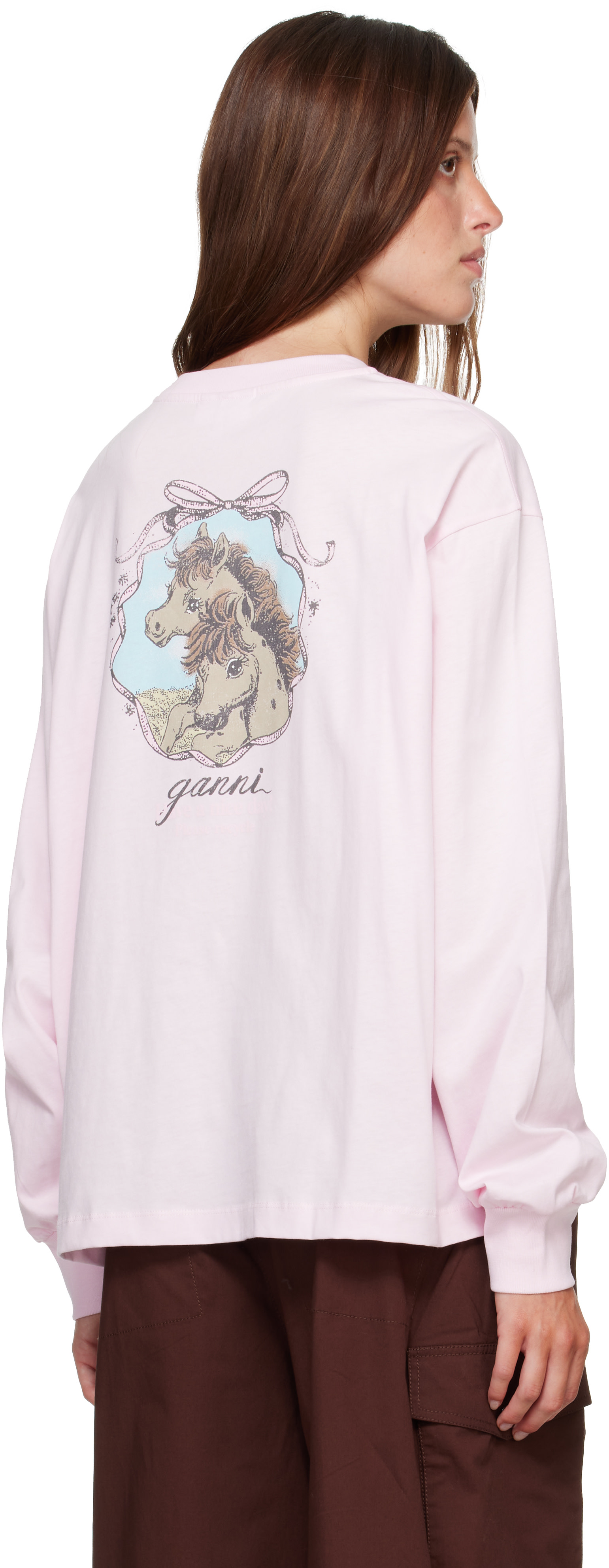 GANNI: Pink Qixi Print Longsleeve Future Jersey T-shirt | SSENSE