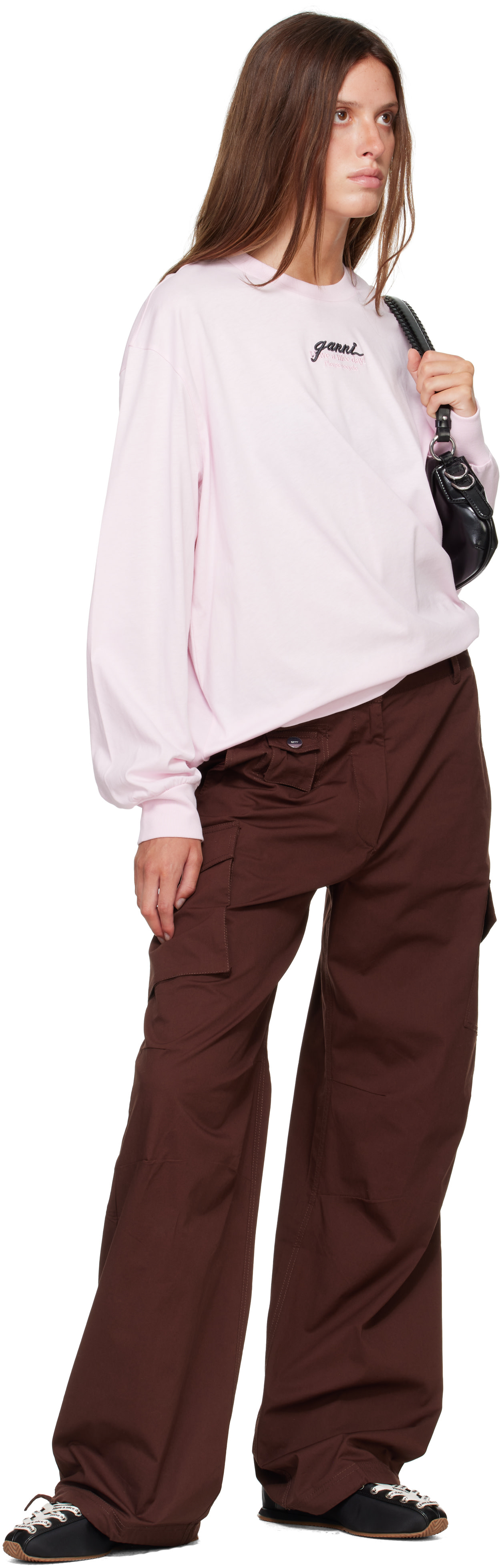 GANNI: Pink Qixi Print Longsleeve Future Jersey T-shirt | SSENSE