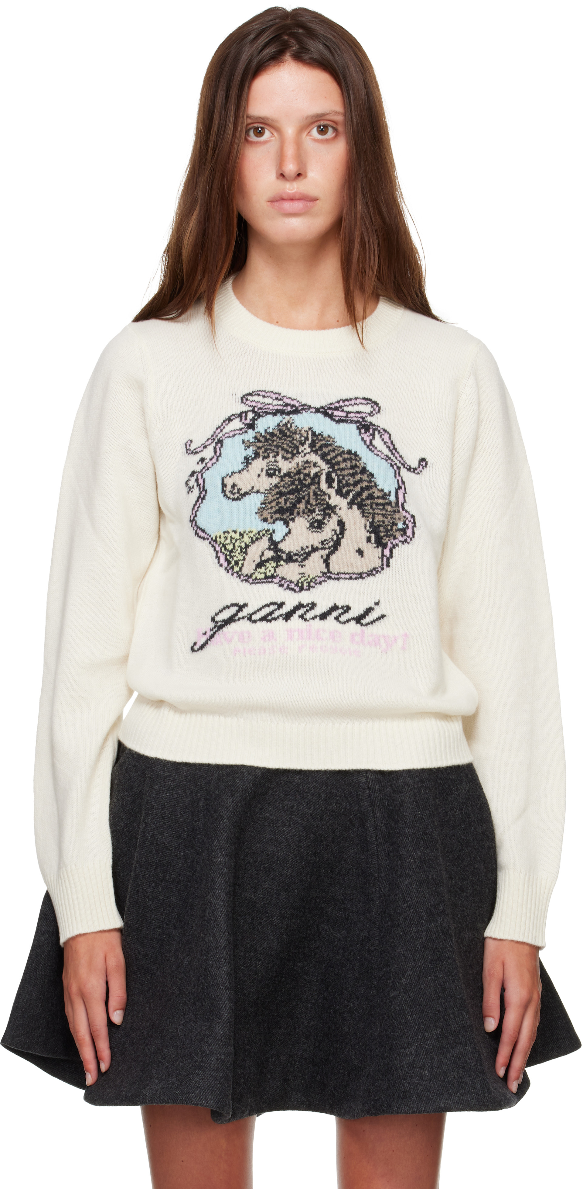 GANNI - Pull blanc cassé en laine à image
