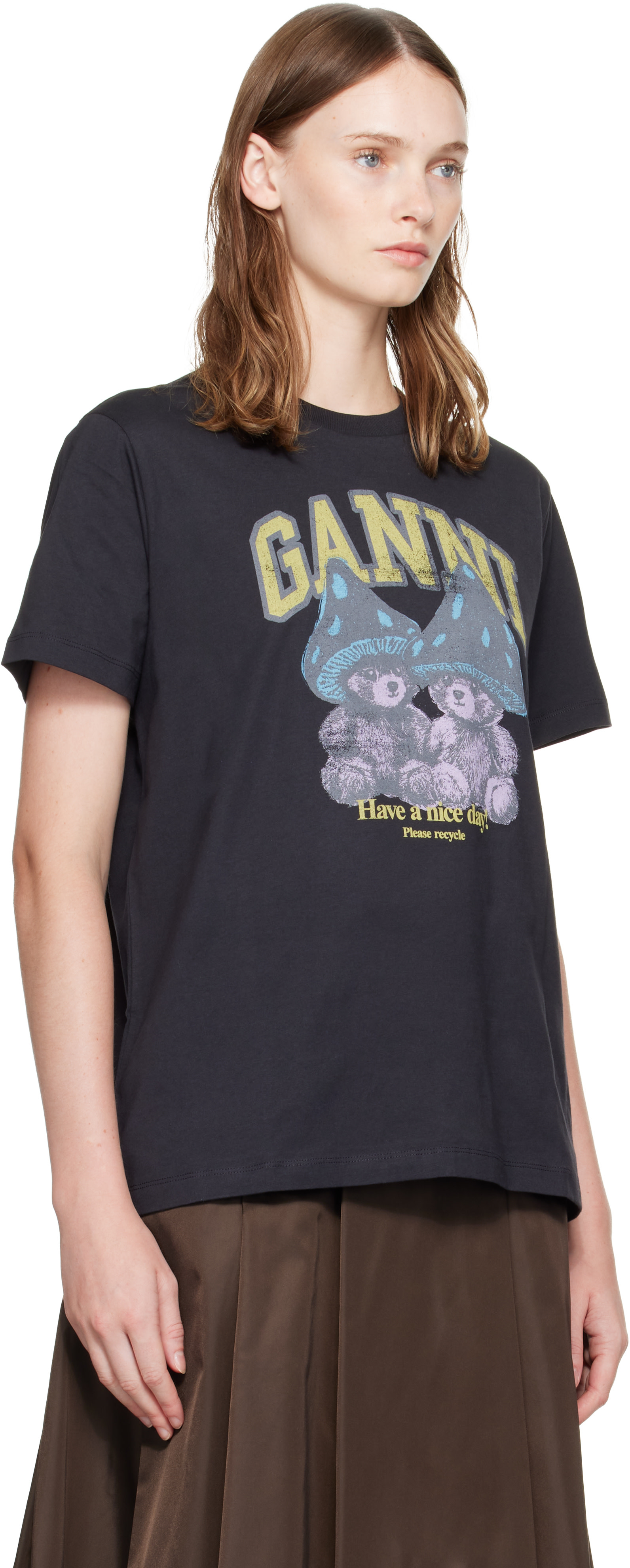 GANNI: Black Mushroom Teddy T-shirt | SSENSE