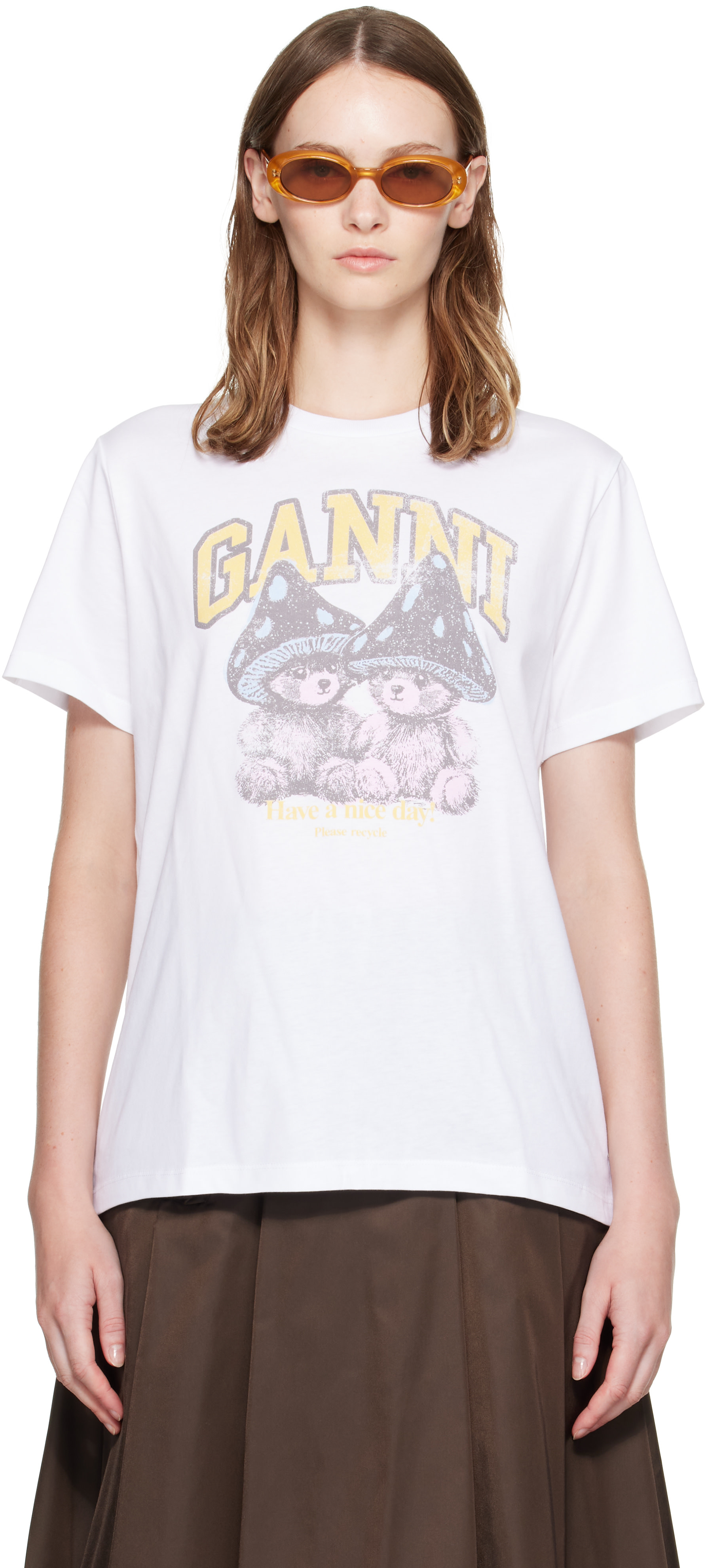 GANNI: White Mushroom Teddy T-shirt | SSENSE