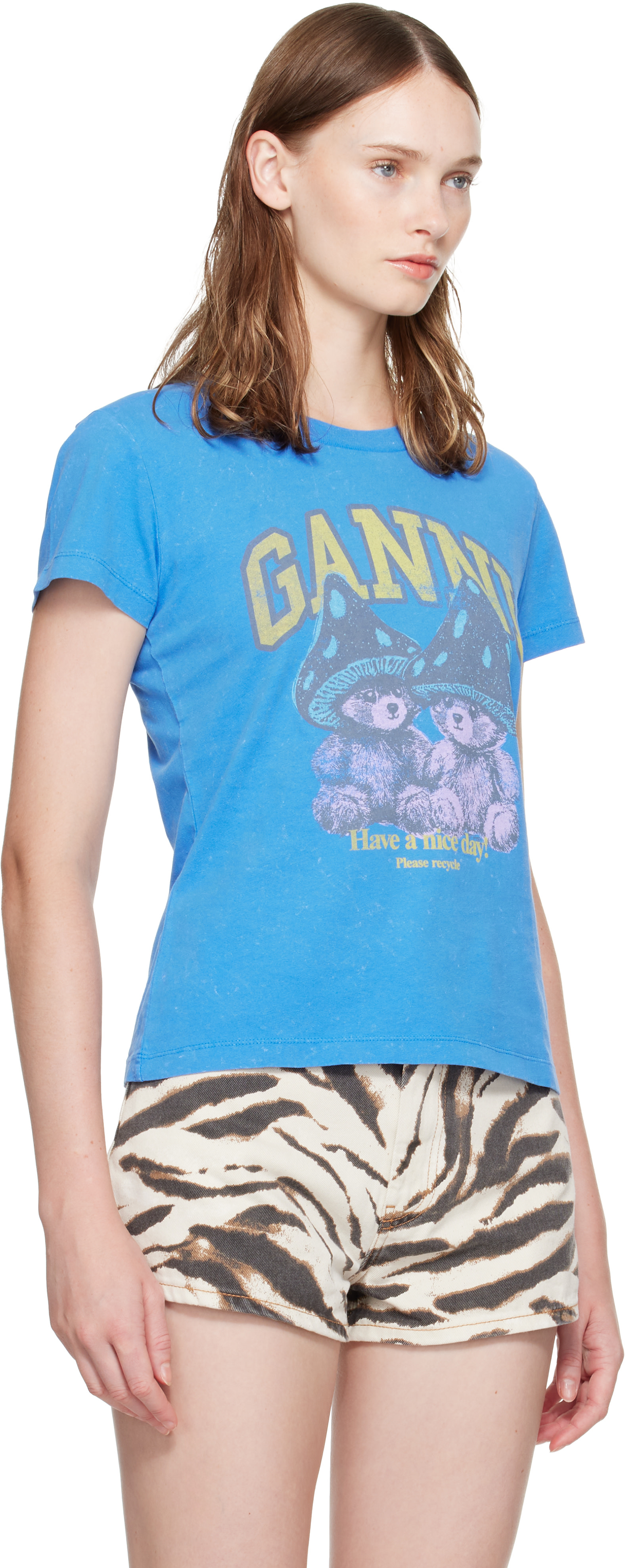 GANNI - Micro t-shirt bleu à image à logo