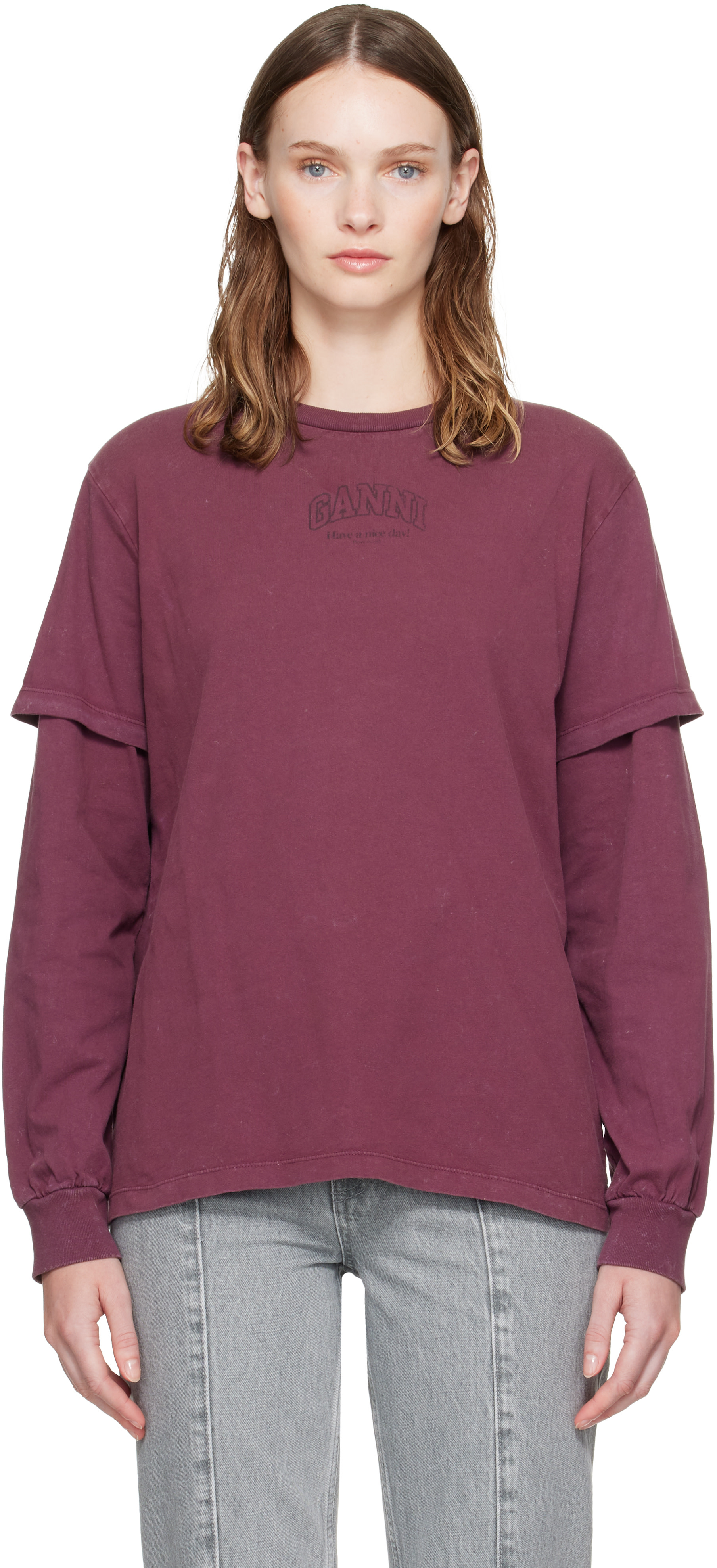 トップス GANNI Future Heavy Jersey T-shirt GANNI: Burgundy Future Heavy Jersey Double Sleeve T-shirt | SSENSE
