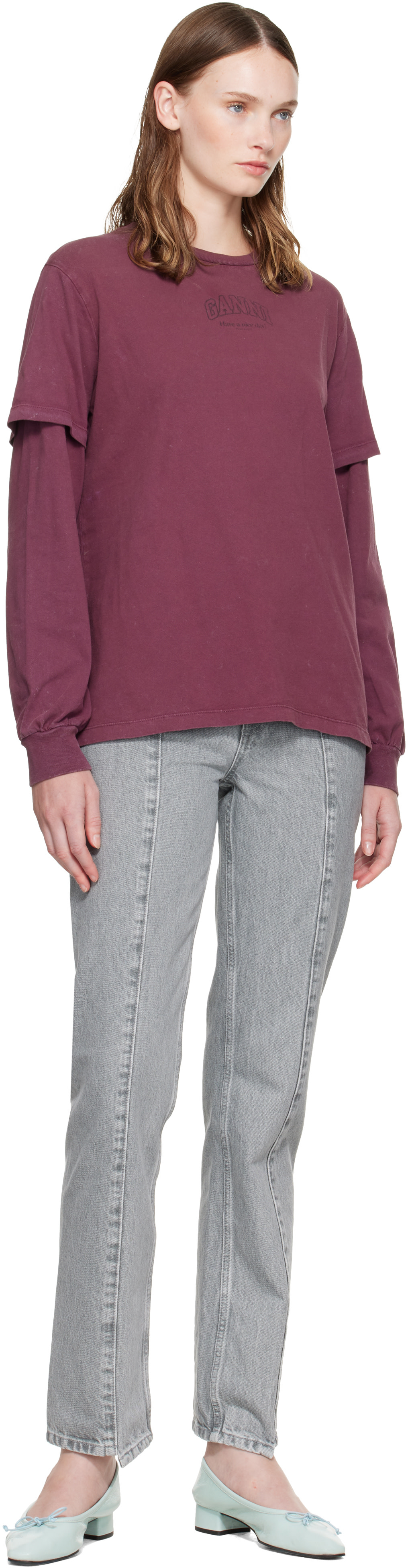 GANNI: Burgundy Future Heavy Jersey Double Sleeve T-shirt | SSENSE