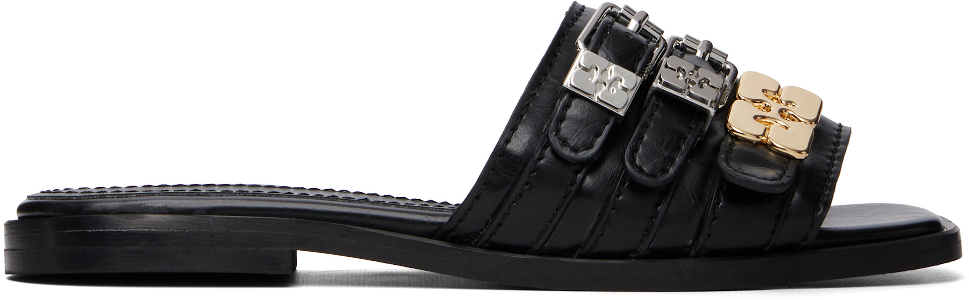 GANNI スクエアトゥサンダル 38 GANNI: Black Sue Triple Flat Sandals | SSENSE