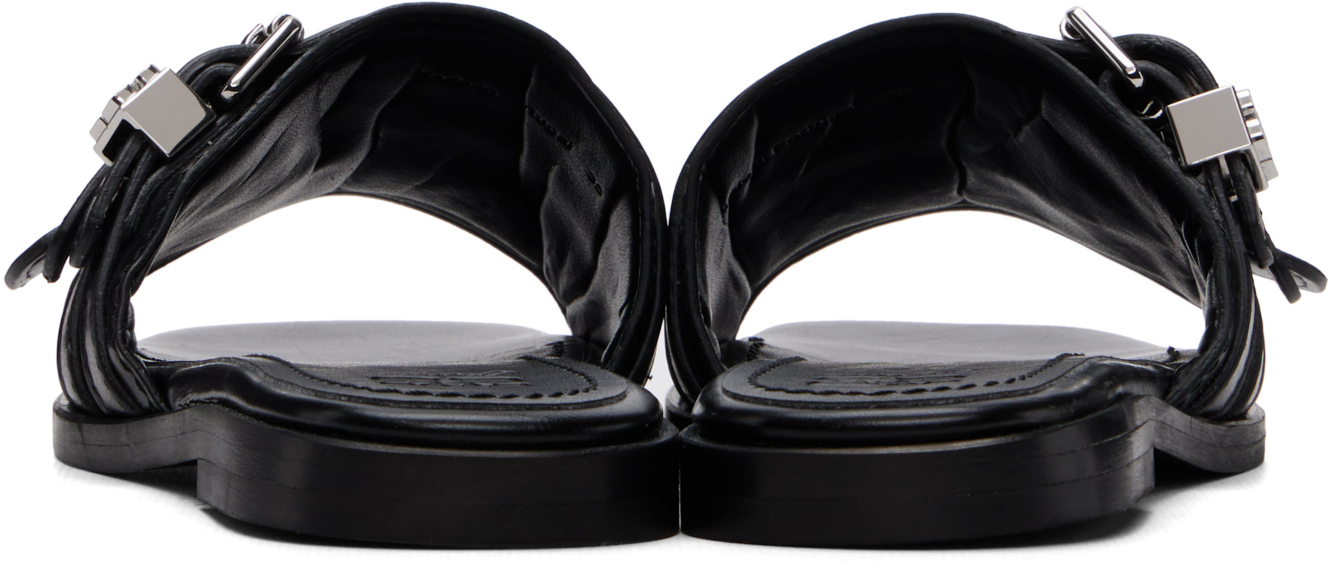 GANNI スクエアトゥサンダル 38 GANNI: Black Sue Triple Flat Sandals | SSENSE