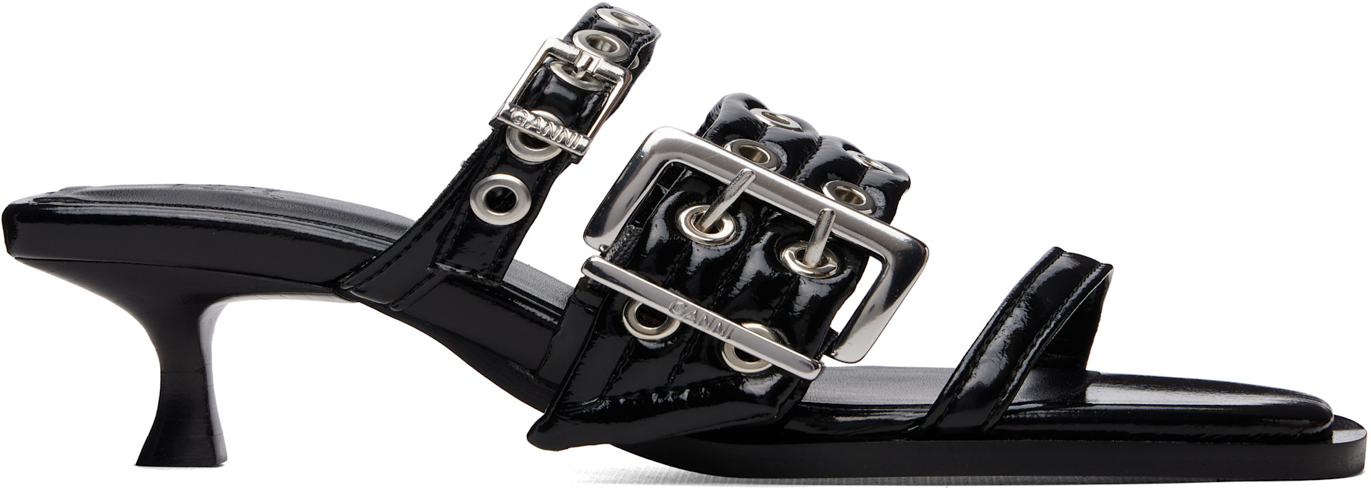 【美品】GANNI ブラック ミュール 38 GANNI: ブラック Buckle Strap Mule ヒールサンダル | SSENSE 日本