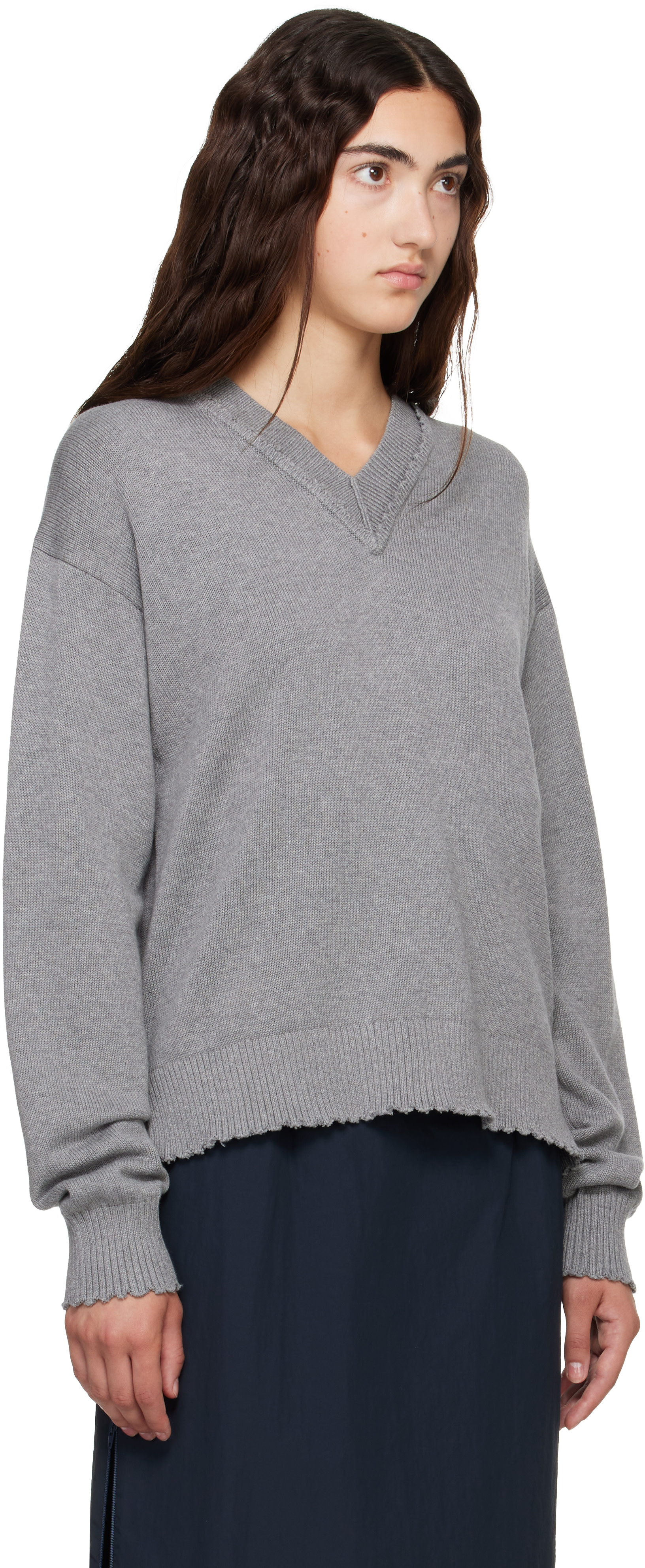 Helmut Lang - Pull surdimensionné gris à col en V et à effet usé