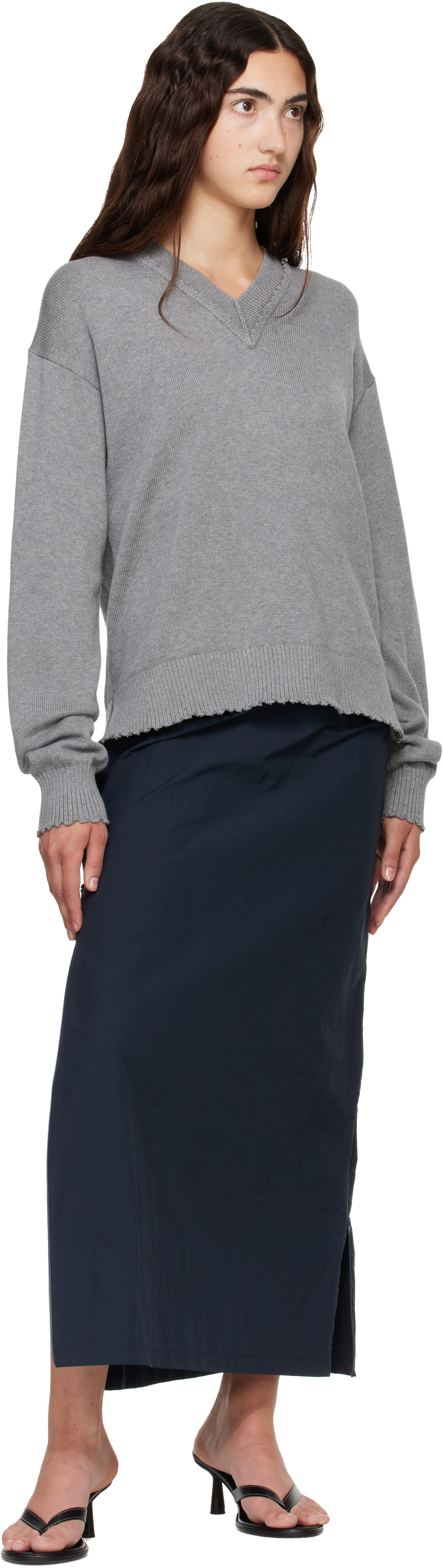 Helmut Lang - Pull surdimensionné gris à col en V et à effet usé