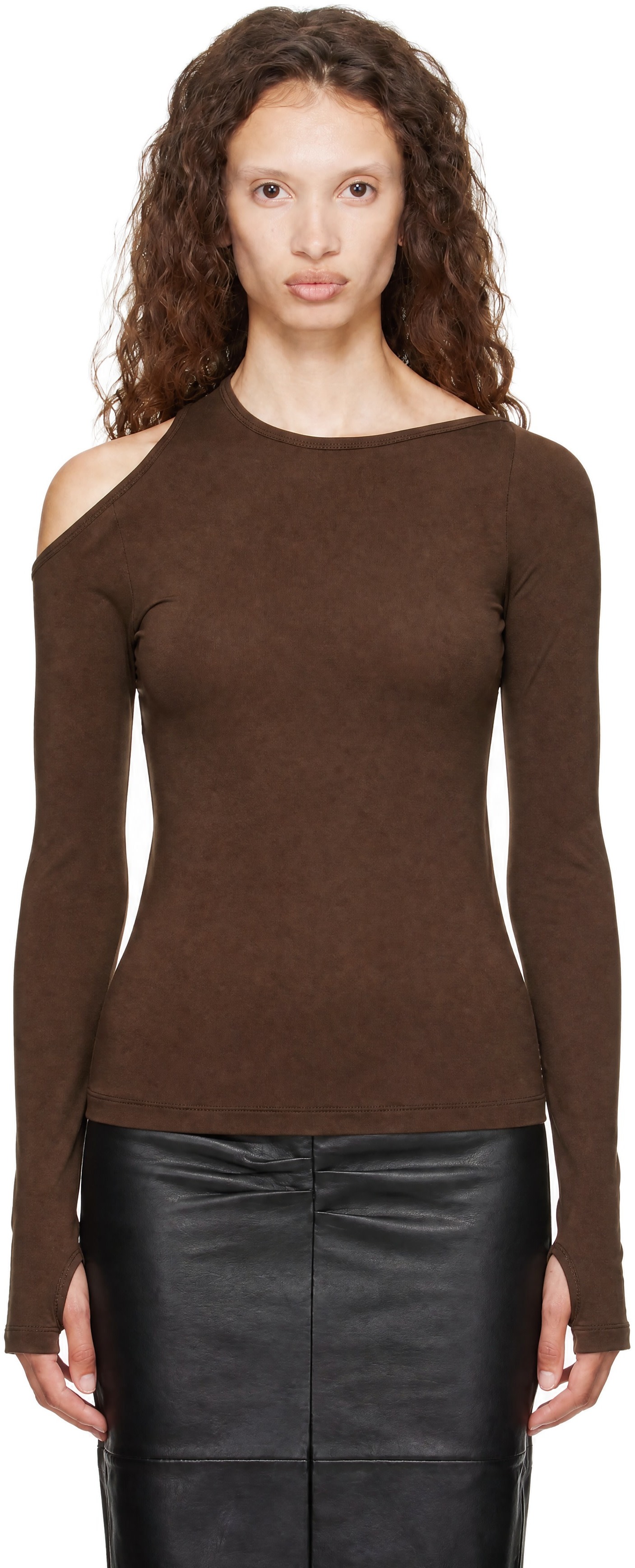 Helmut Lang: Brown Asymmetric Long-Sleeve Top | SSENSE