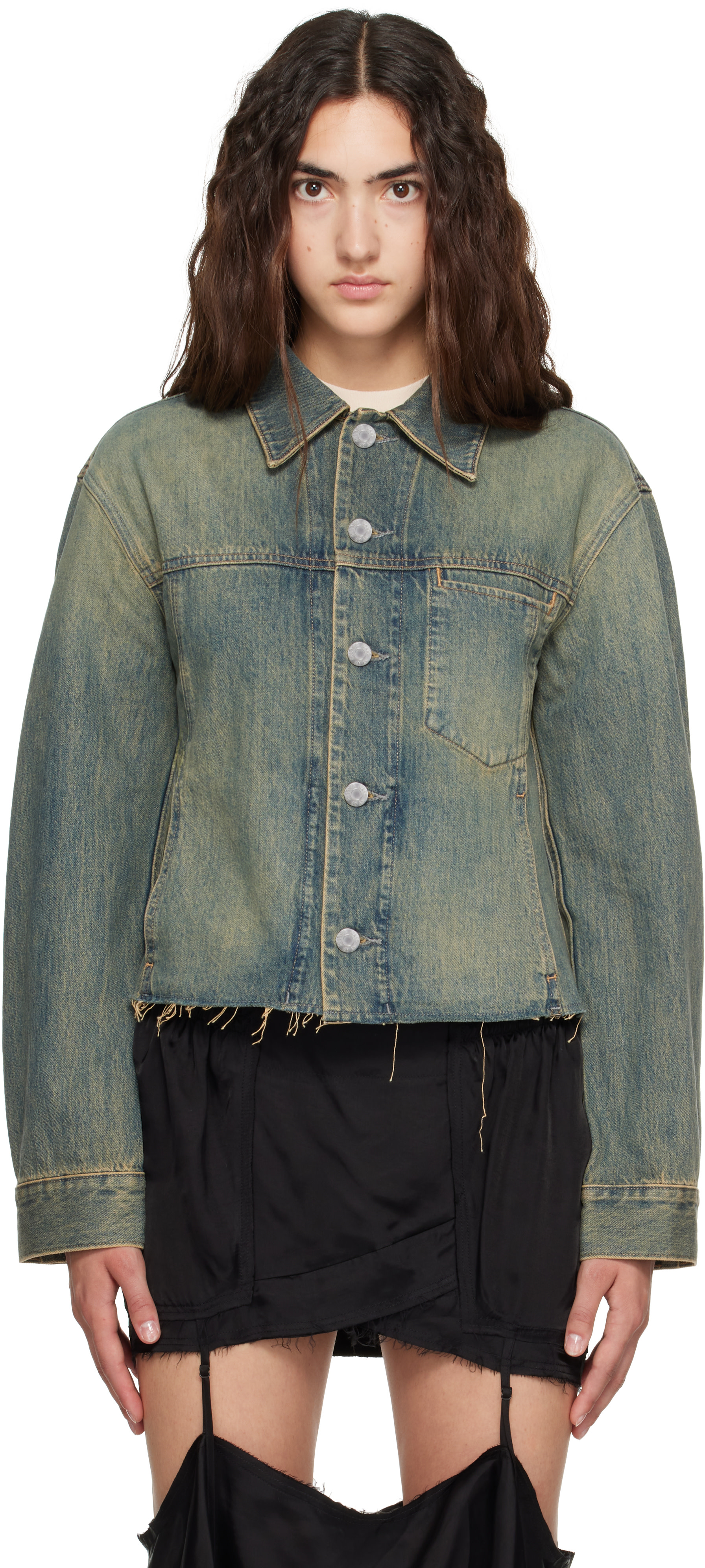 Helmut Lang: Blue Raw Hem Trucker Denim Jacket | SSENSE Canada