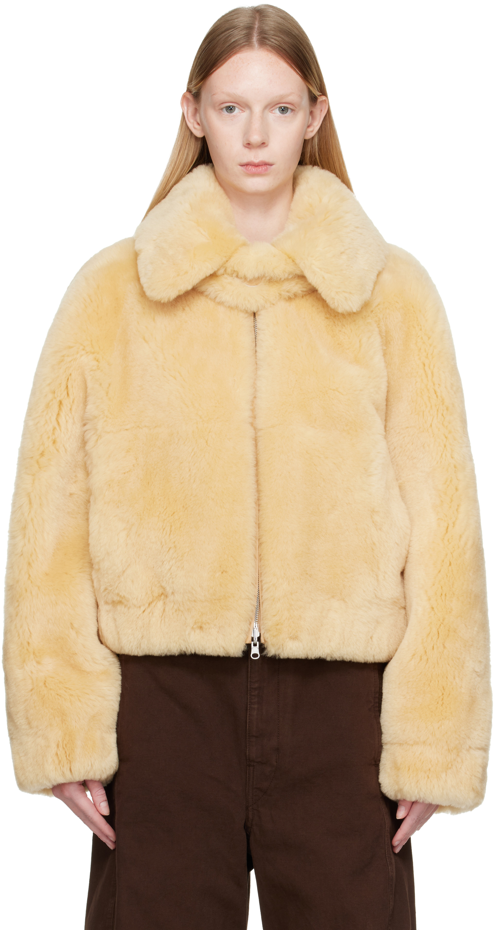 Helmut Lang - Beige Reversible Shearling Bomber Jacket