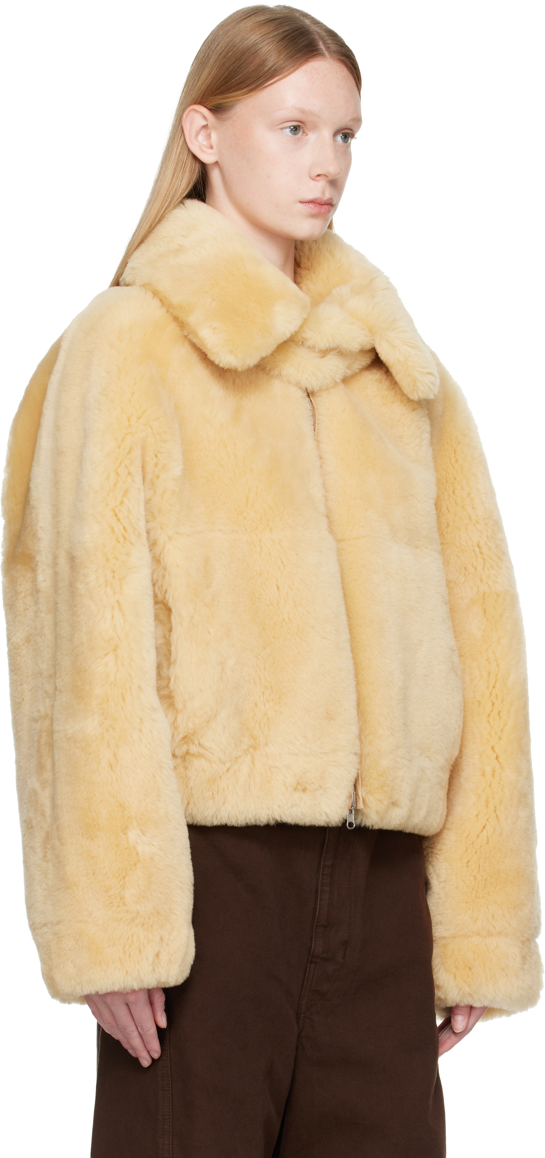 Helmut Lang - Beige Reversible Shearling Bomber Jacket