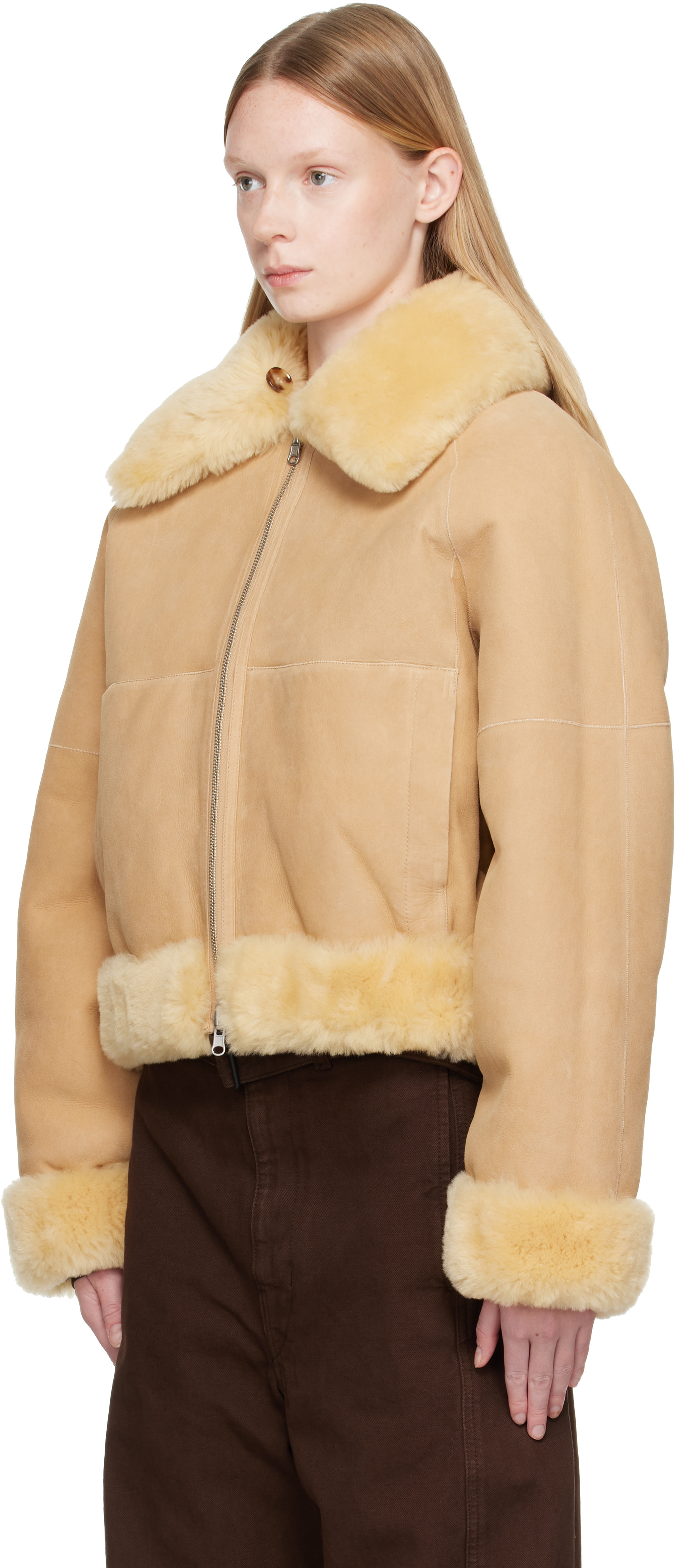Helmut Lang - Beige Reversible Shearling Bomber Jacket