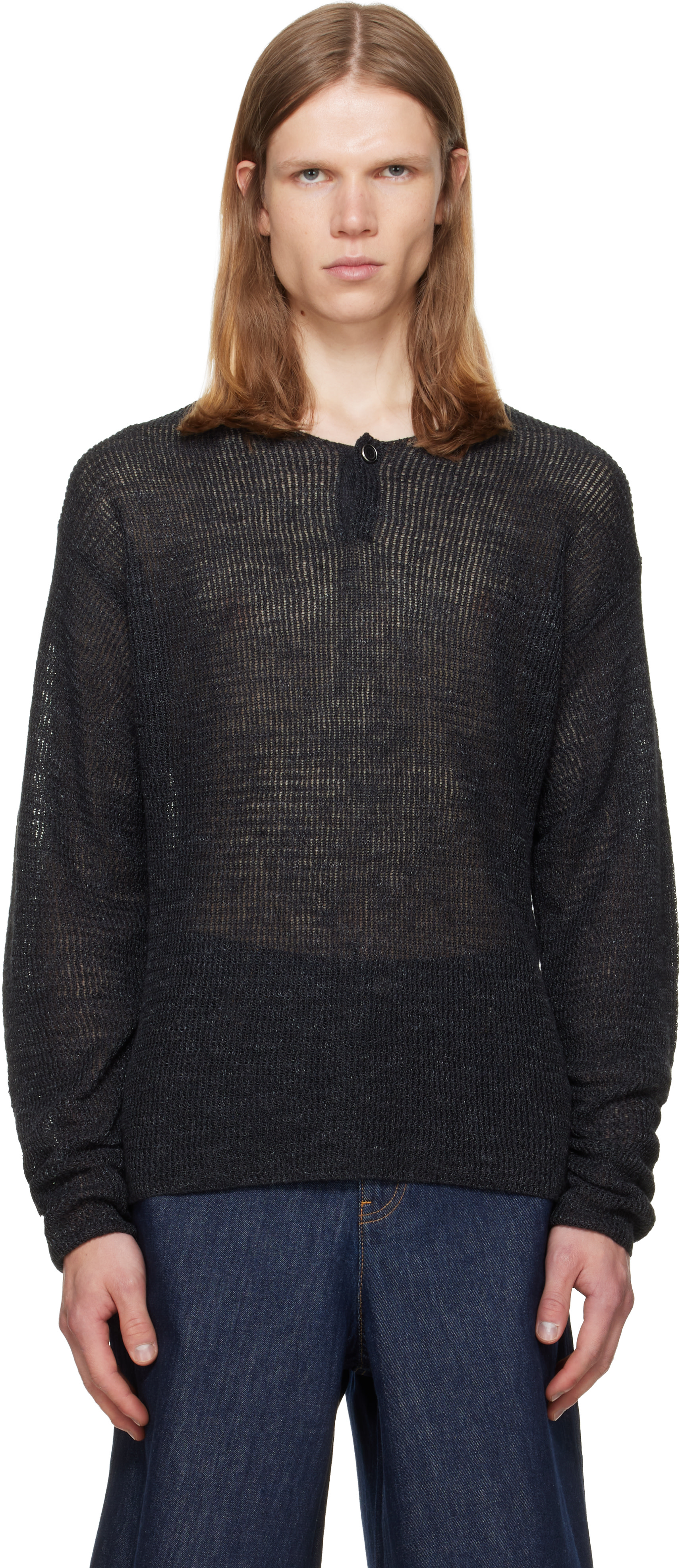 Helmut Lang - ブラック Textured ヘンリーネック トップス