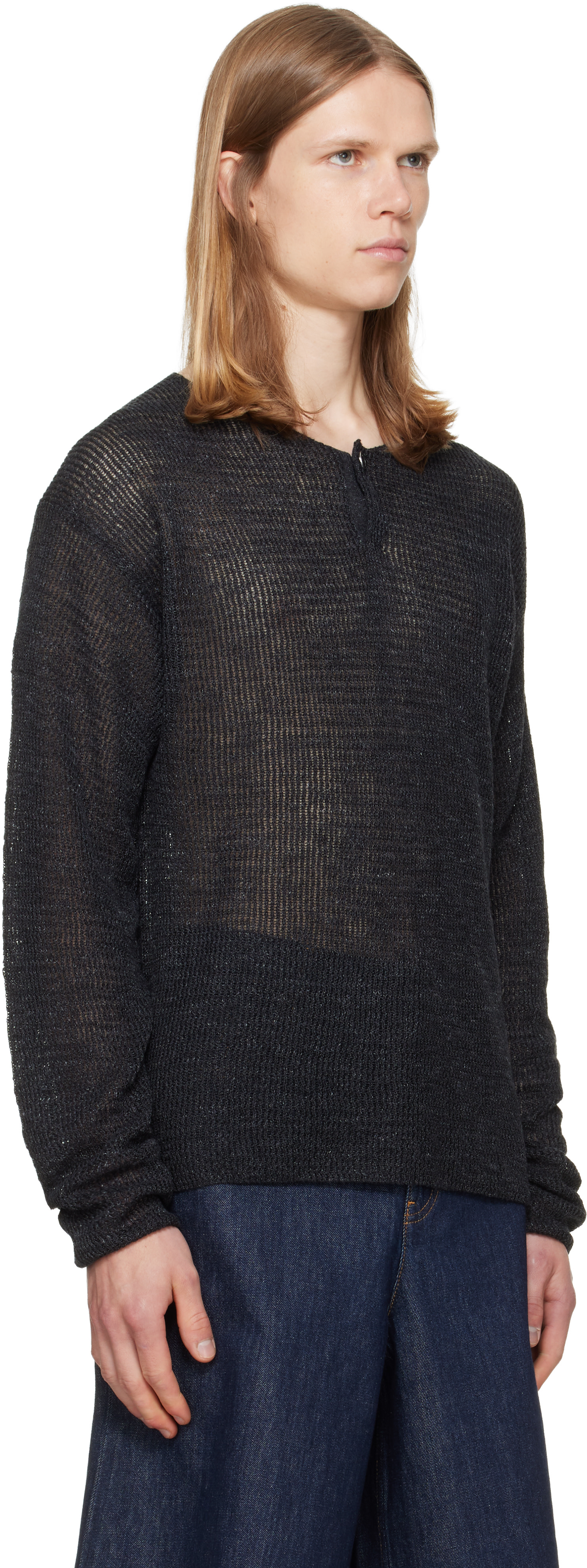 Helmut Lang - ブラック Textured ヘンリーネック トップス