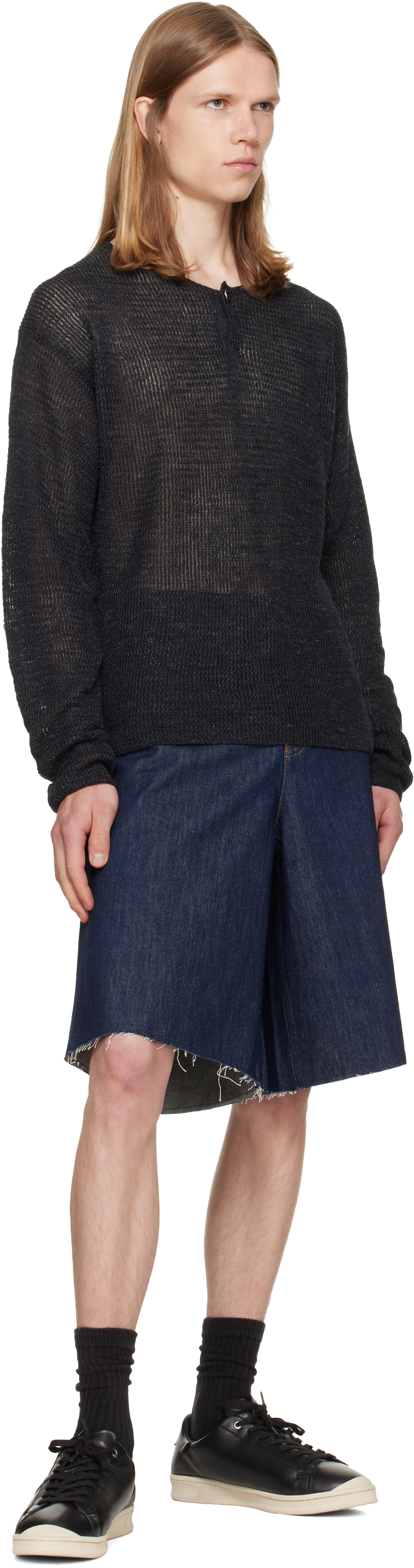 Helmut Lang - ブラック Textured ヘンリーネック トップス