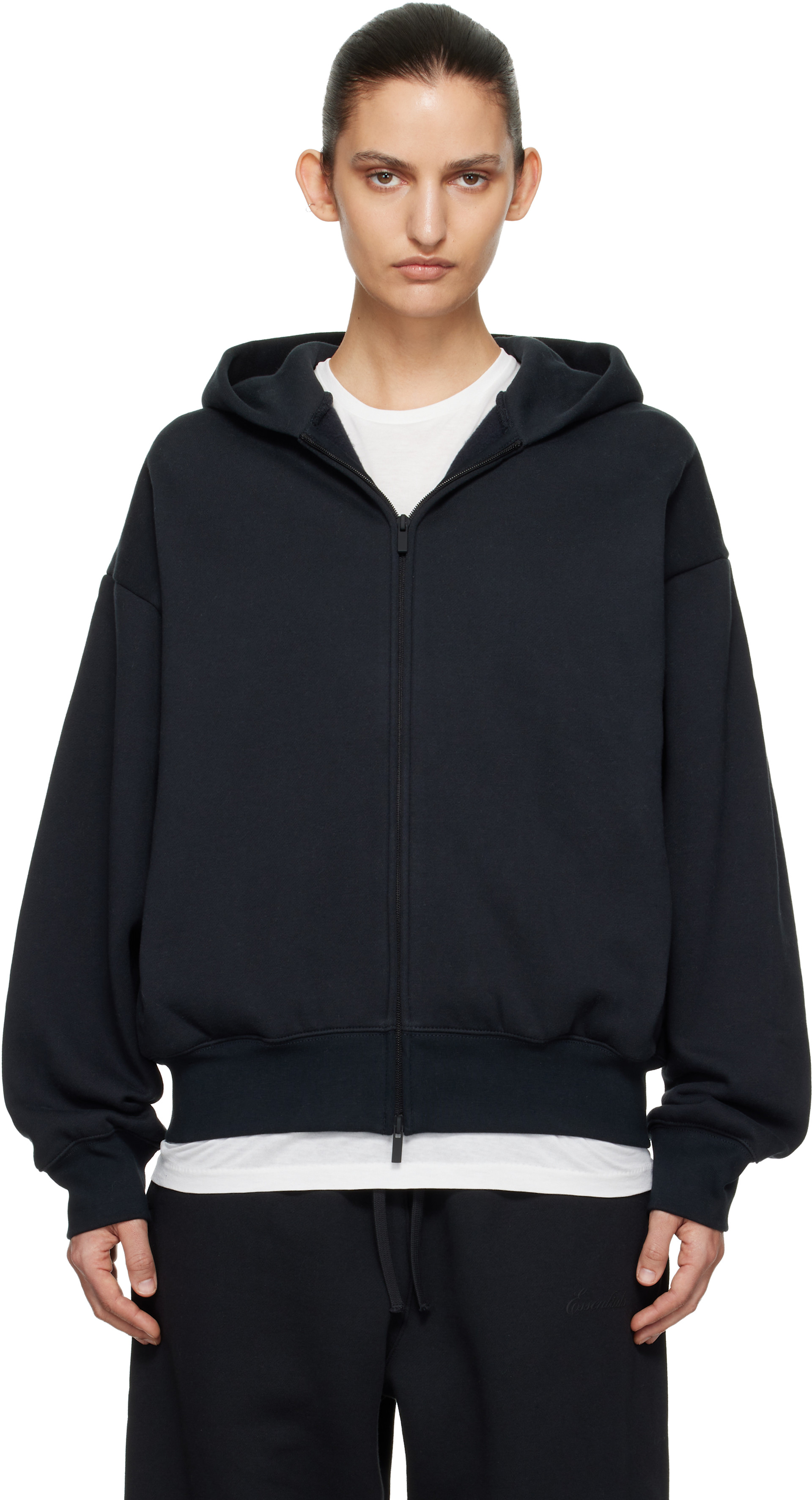Fear of God ESSENTIALS - Pull à capuche noir à coupe classique et à glissière