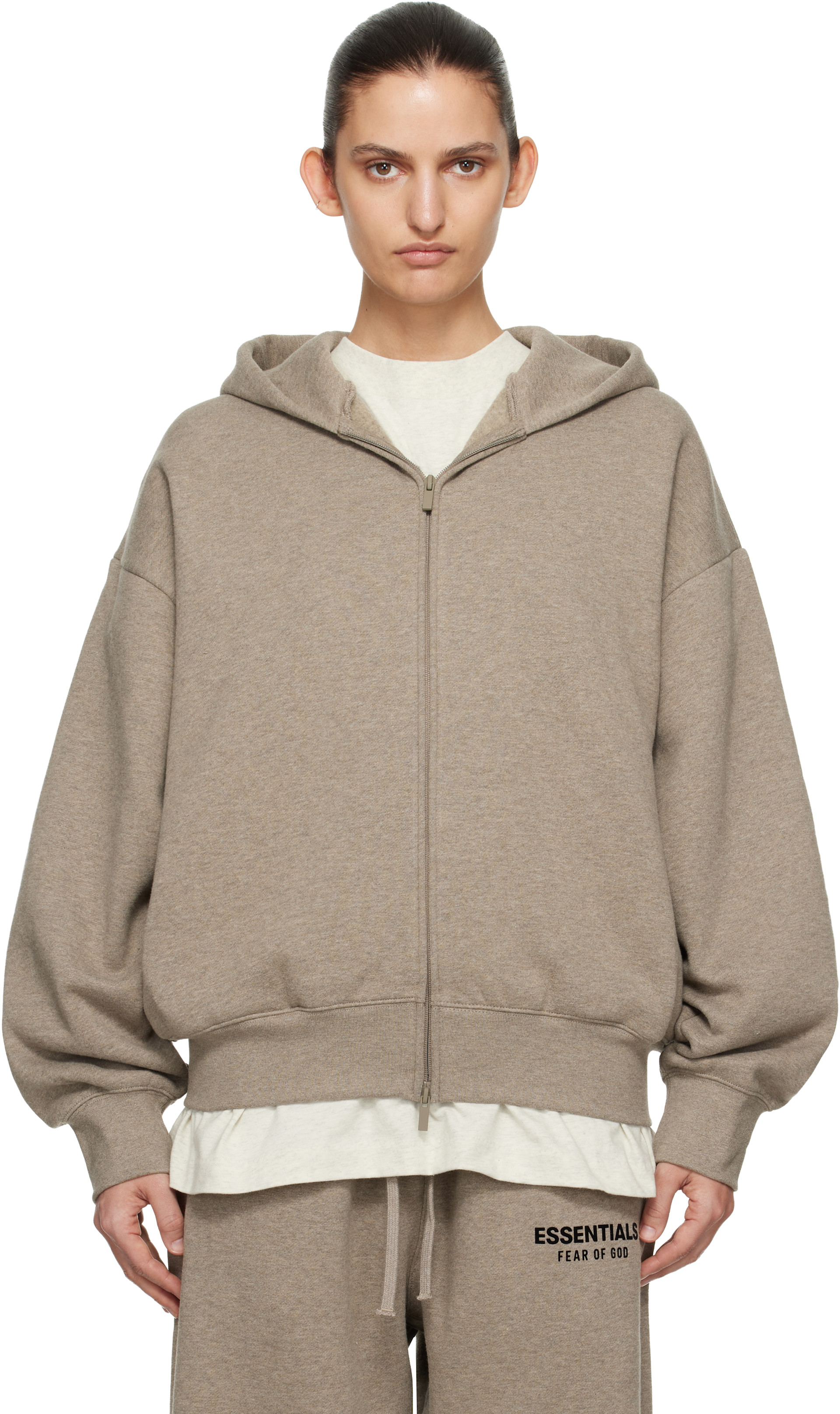 Fear of God ESSENTIALS - Pull à capuche beige à coupe classique et à glissière
