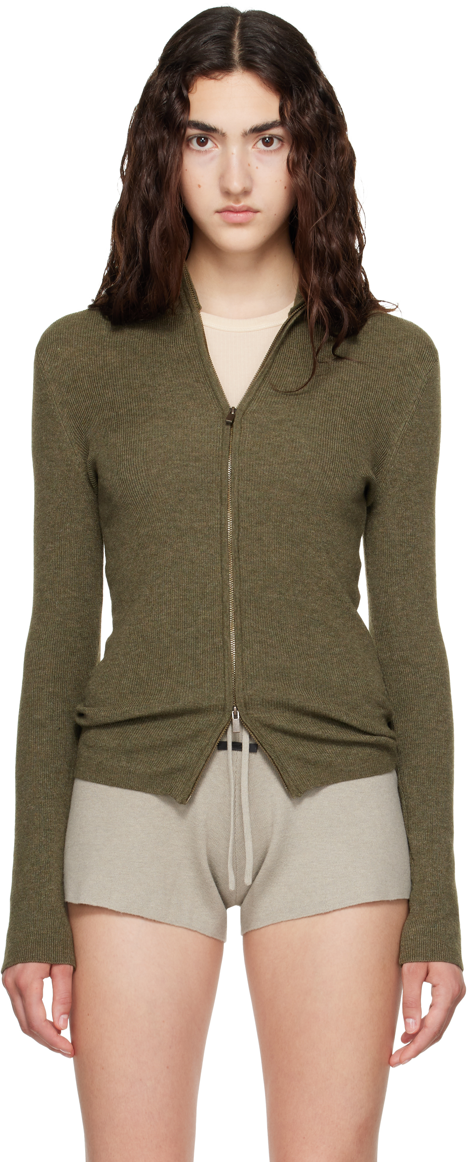 Fear of God ESSENTIALS - Pull kaki en tricot côtelé à glissière
