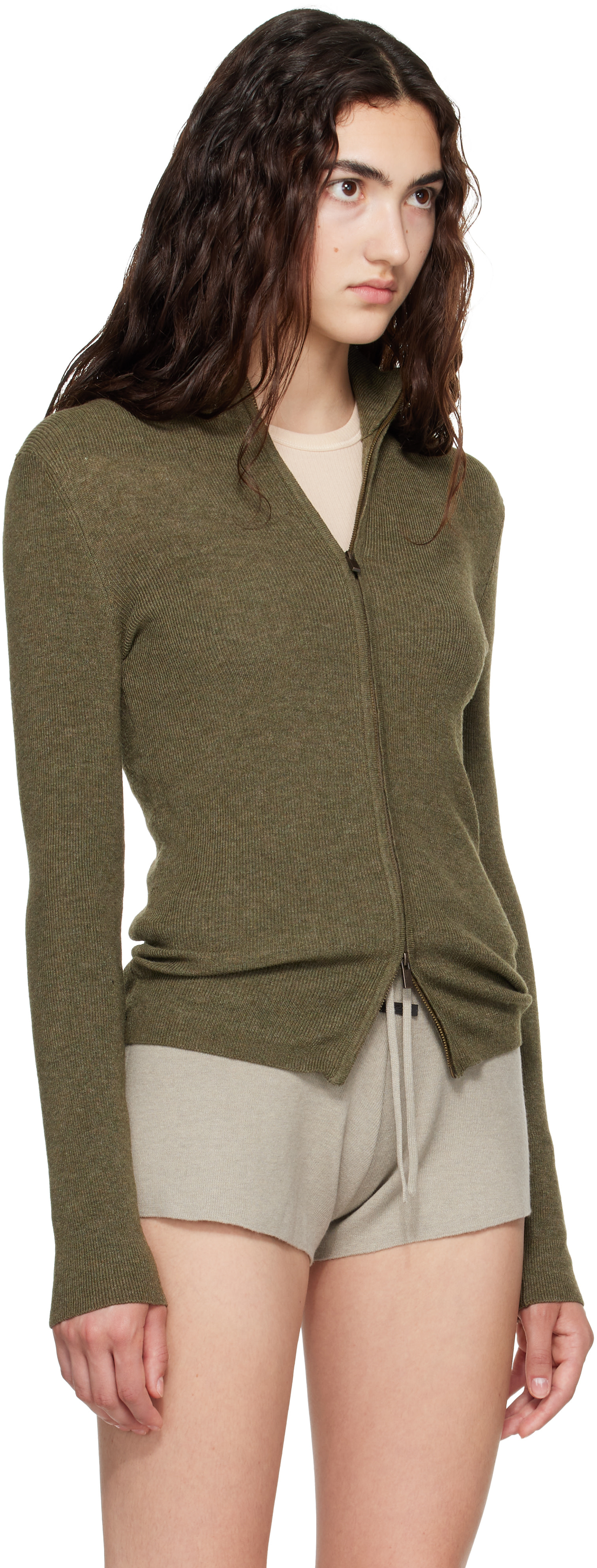 Fear of God ESSENTIALS - Pull kaki en tricot côtelé à glissière