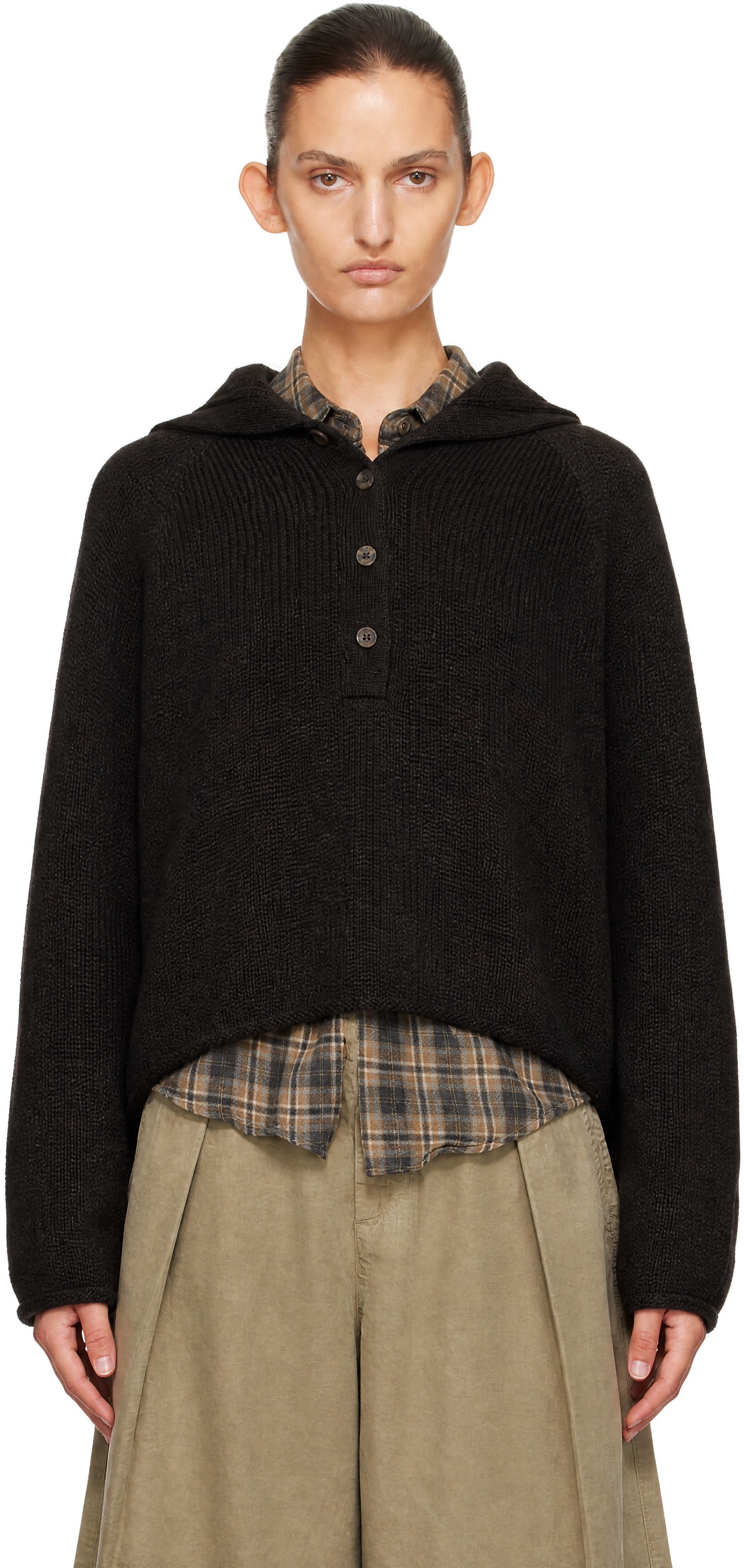 YMC - Pull Runaway brun à col cheminée