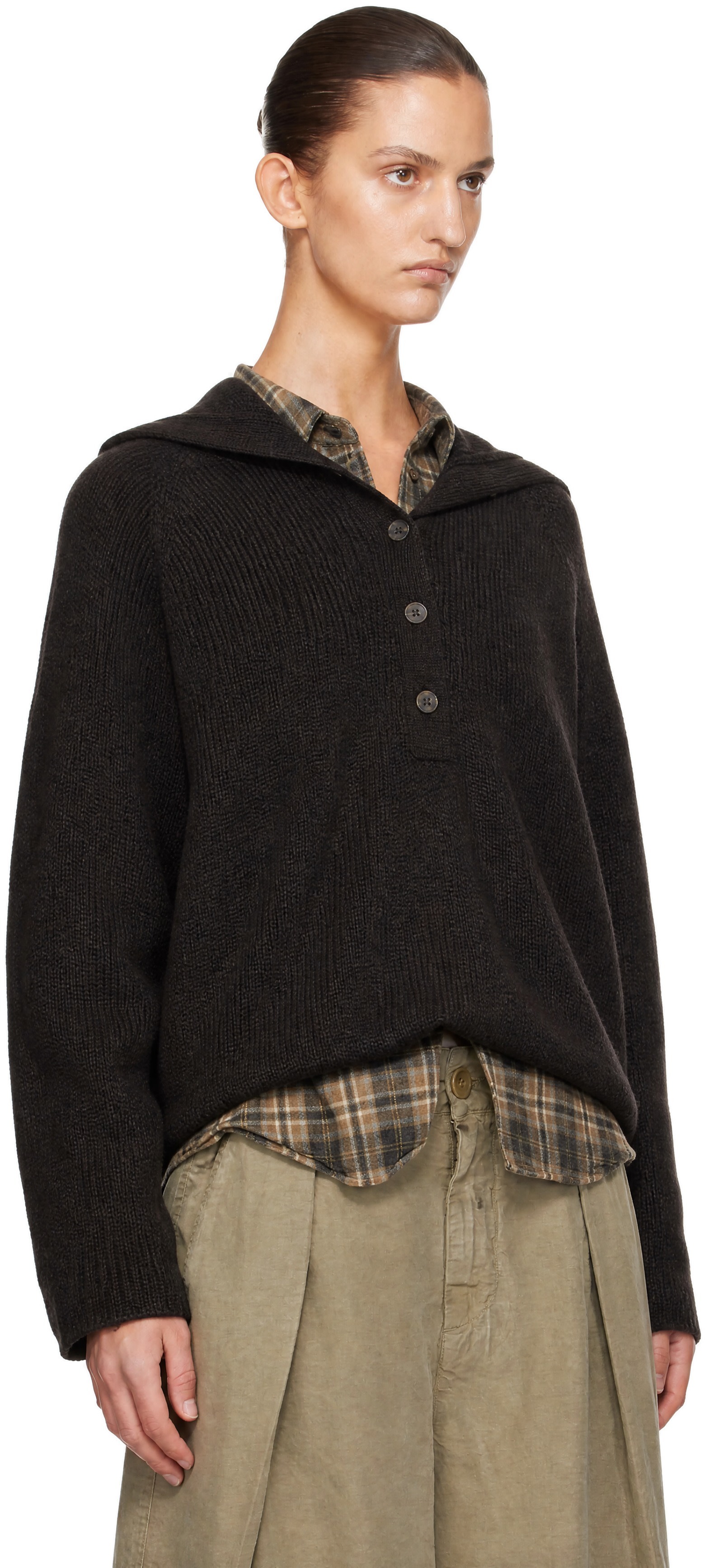 YMC - Pull Runaway brun à col cheminée