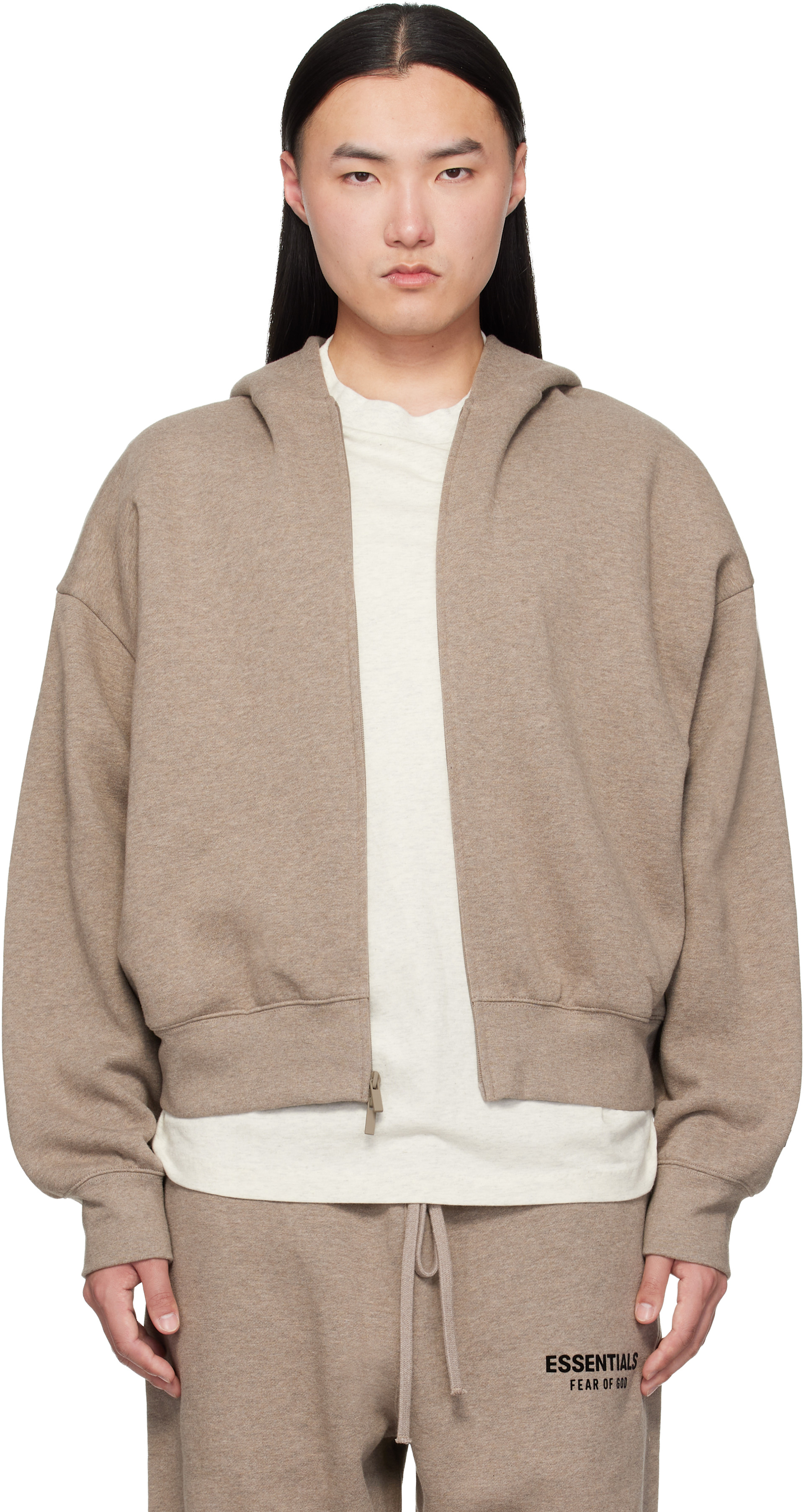 Fear of God ESSENTIALS - Pull à capuche beige à coupe classique et à glissière