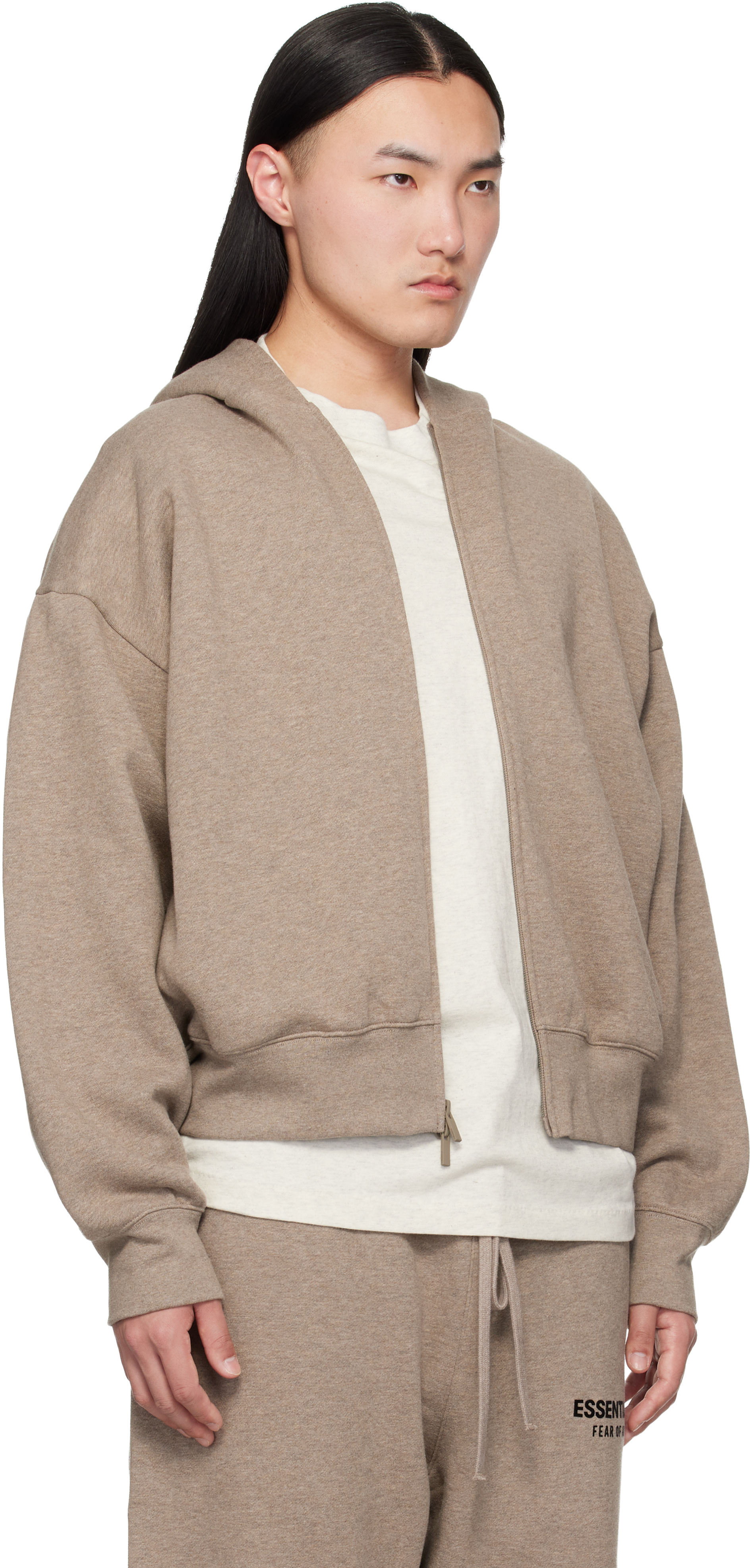 Fear of God ESSENTIALS - Pull à capuche beige à coupe classique et à glissière