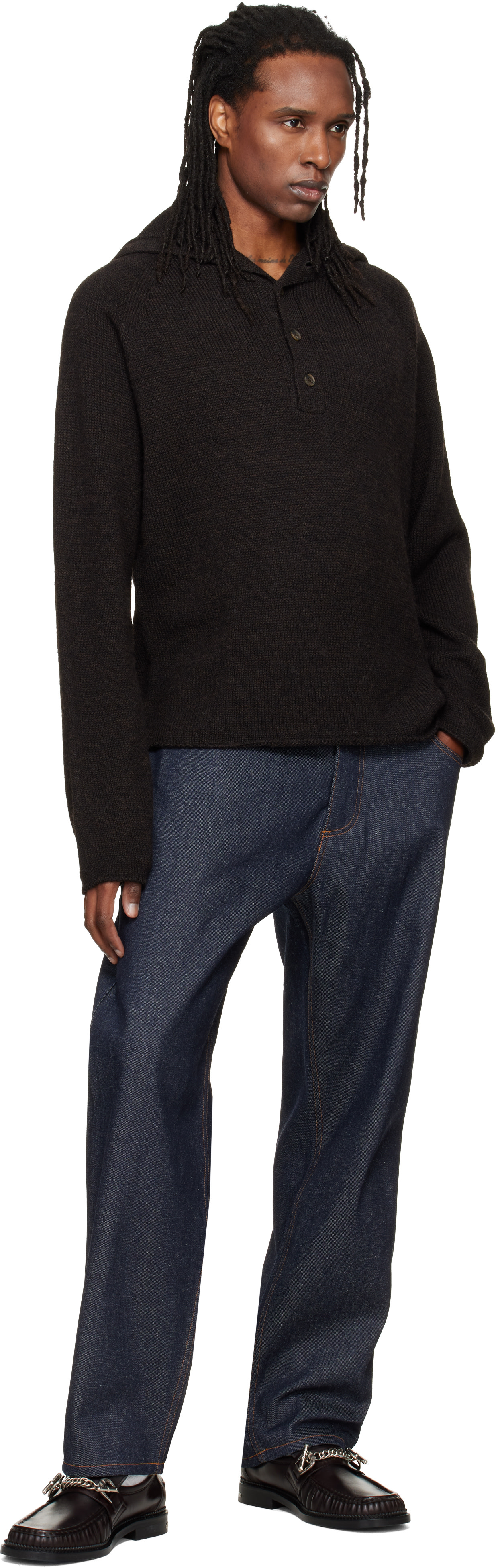 YMC - Pull Runaway brun à col cheminée