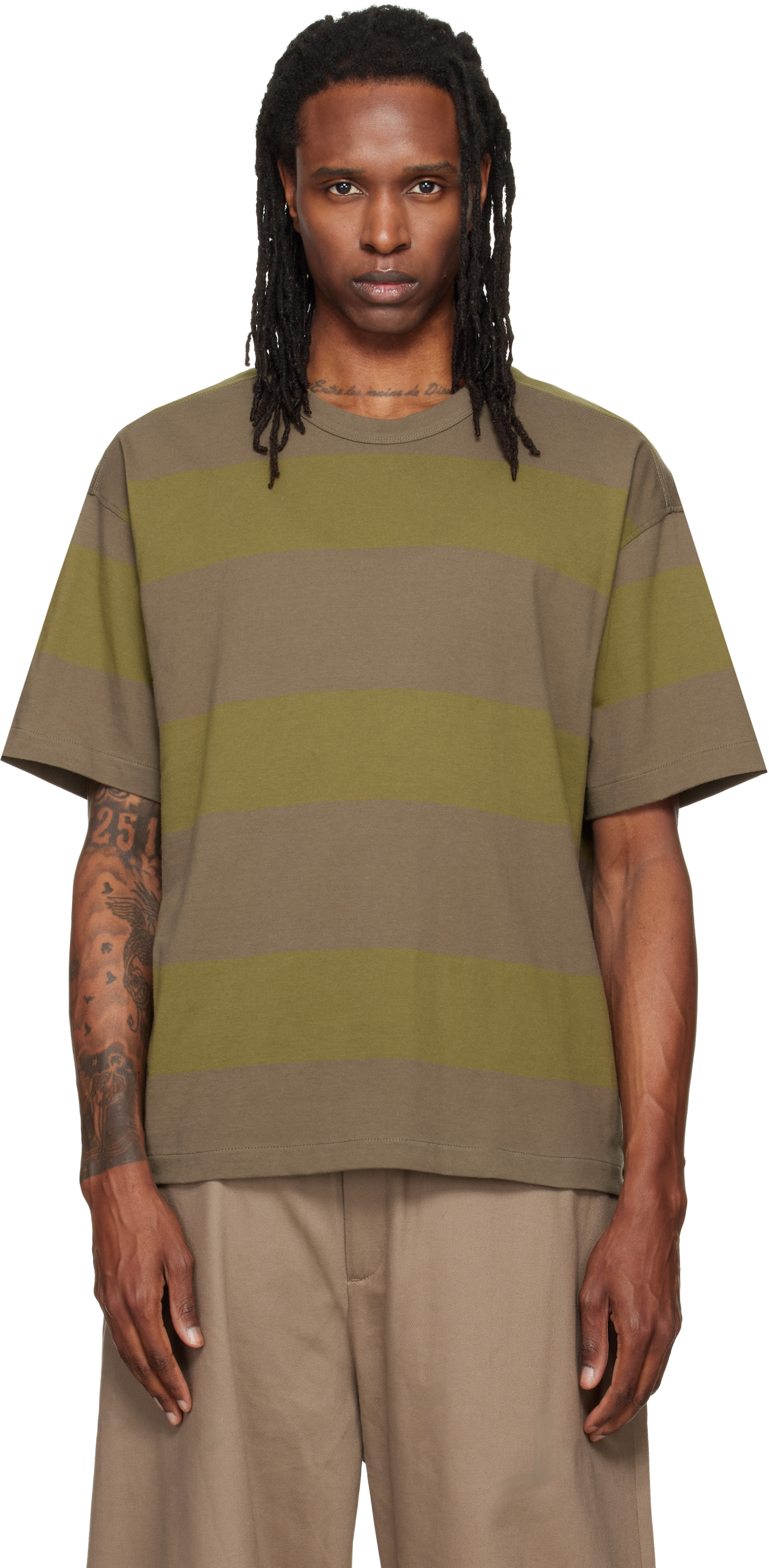 YMC: Khaki & Green Triple Stripe T-shirt | SSENSE
