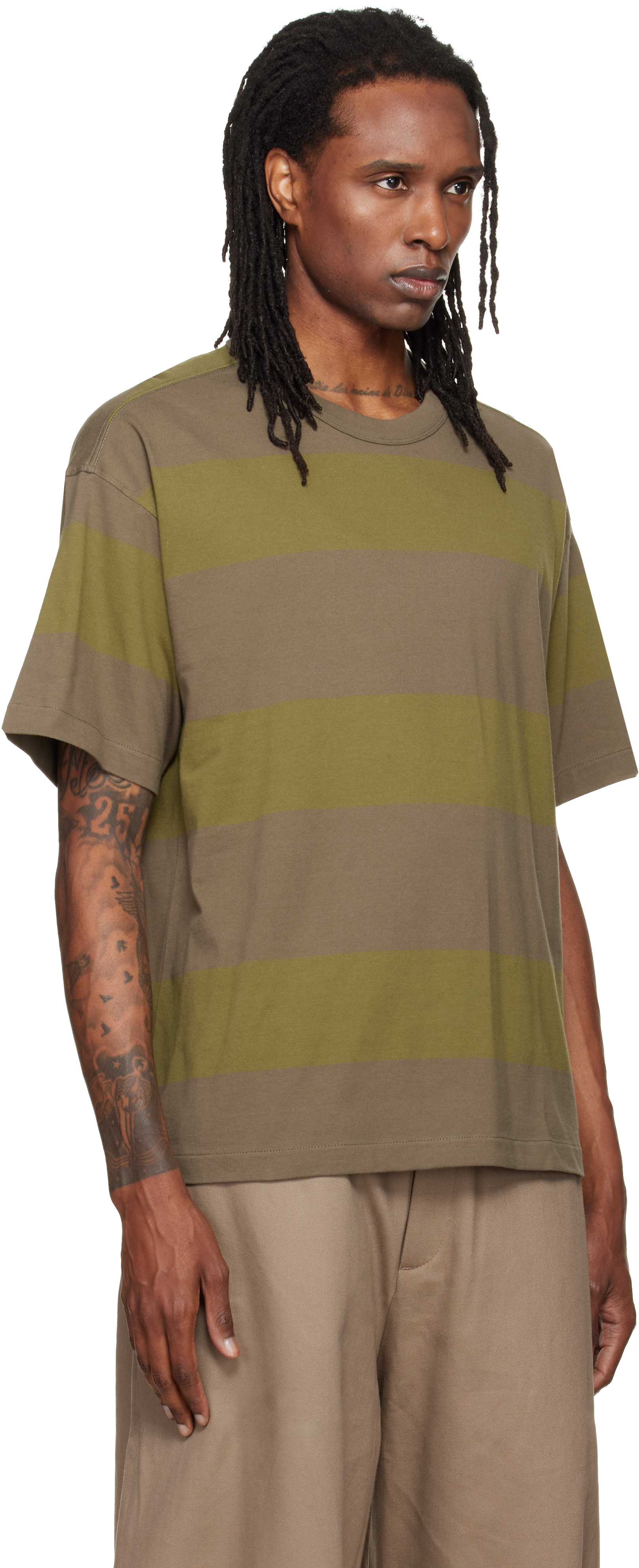 stripeブラウス YMC: Khaki & Green Triple Stripe T-shirt | SSENSE