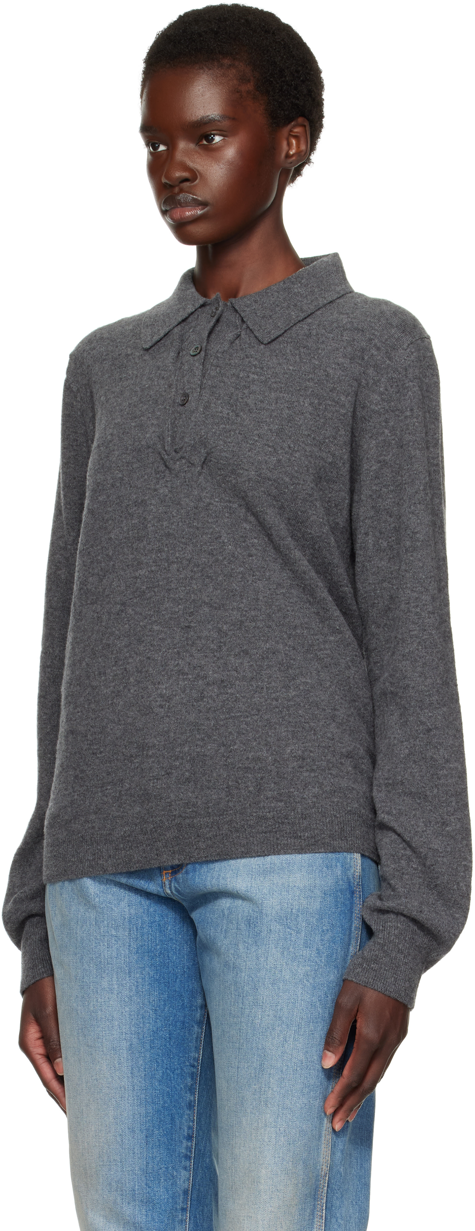 Maison Margiela: グレー Draped Collar ウール ニットポロシャツ