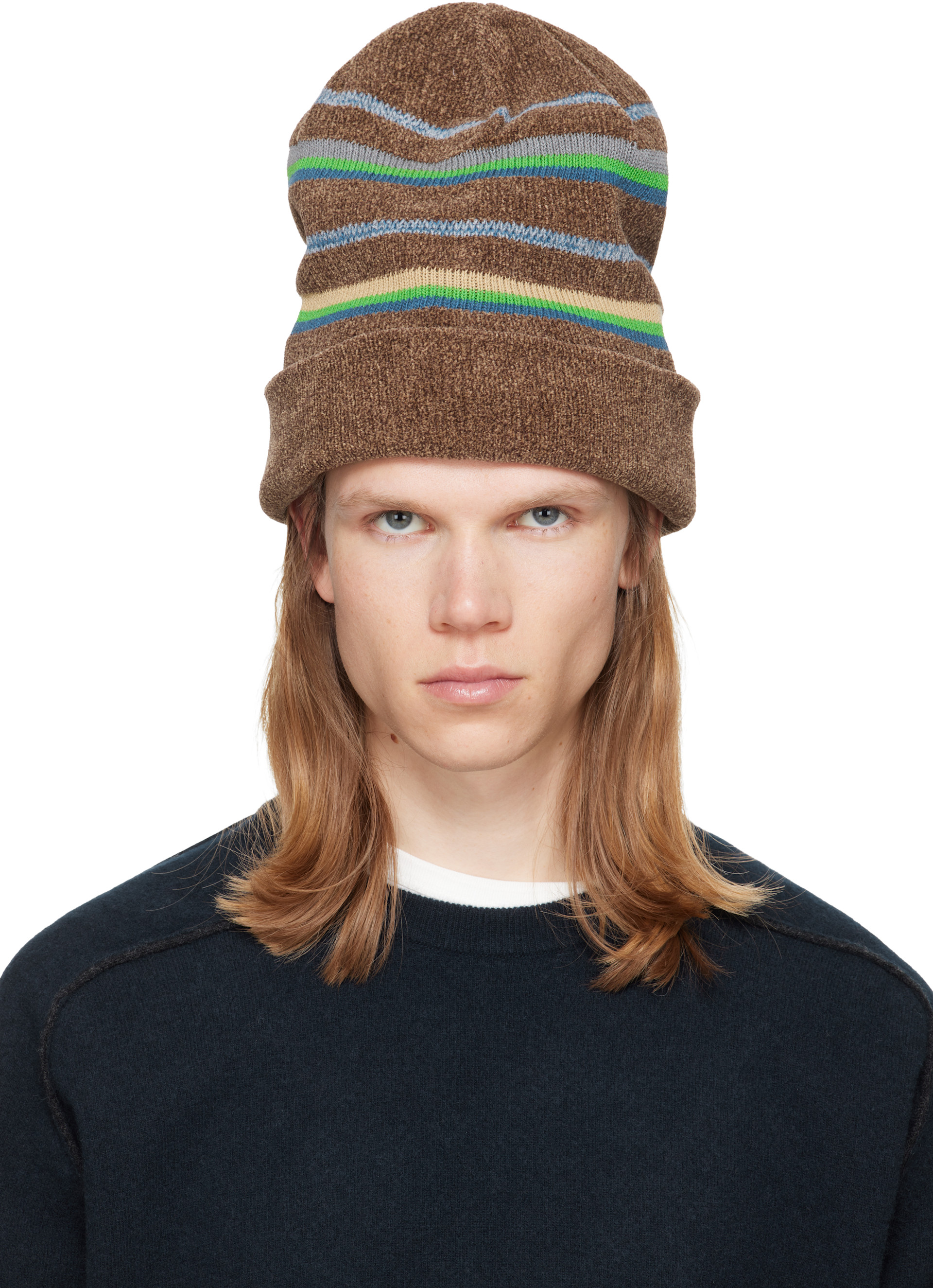 Maison Margiela: Brown Striped Knit Beanie | SSENSE