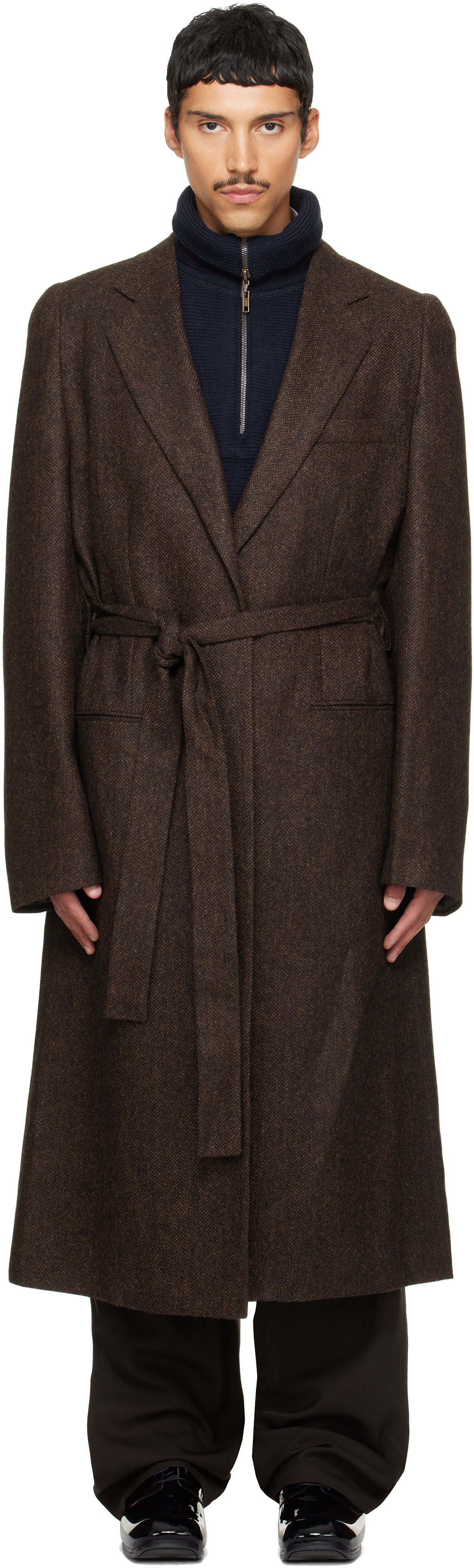 Maison Margiela - Brown Belted Herringbone Wool Coat