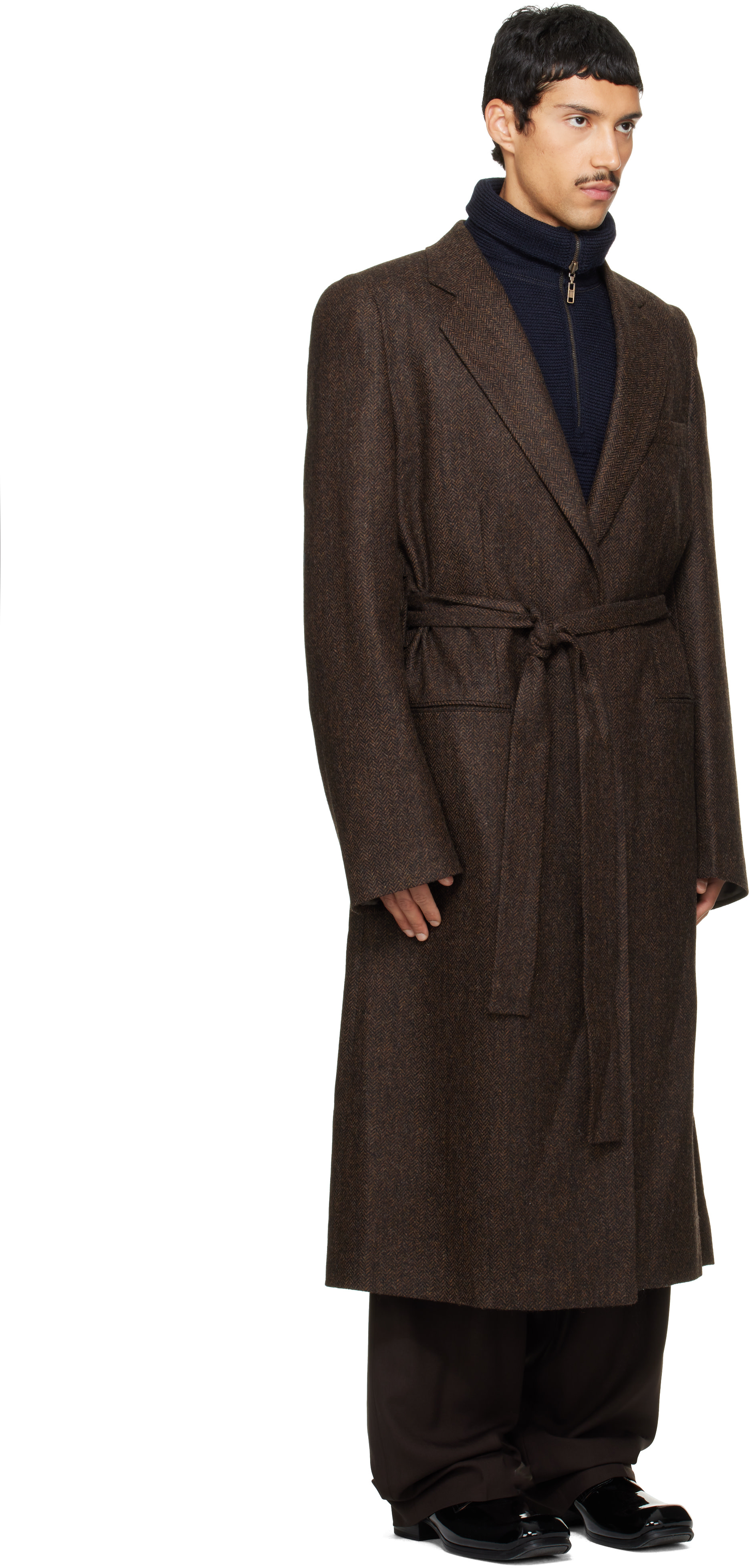 Maison Margiela - Brown Belted Herringbone Wool Coat