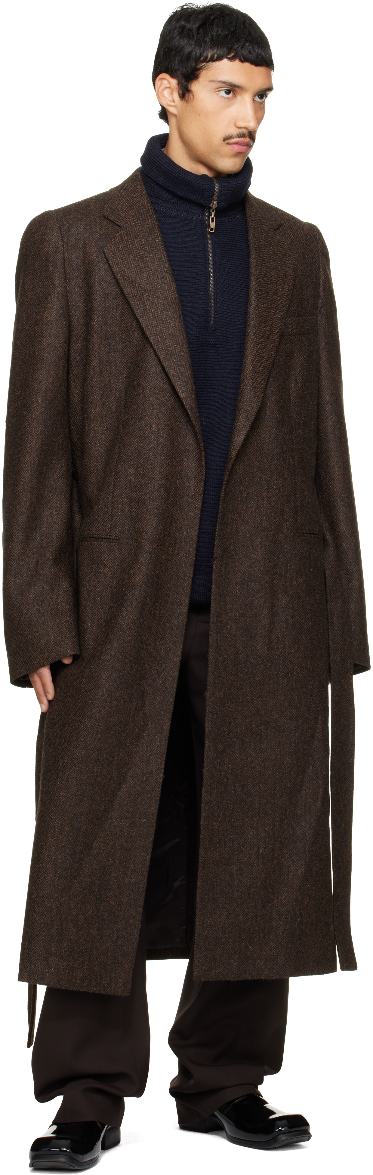 Maison Margiela - Brown Belted Herringbone Wool Coat