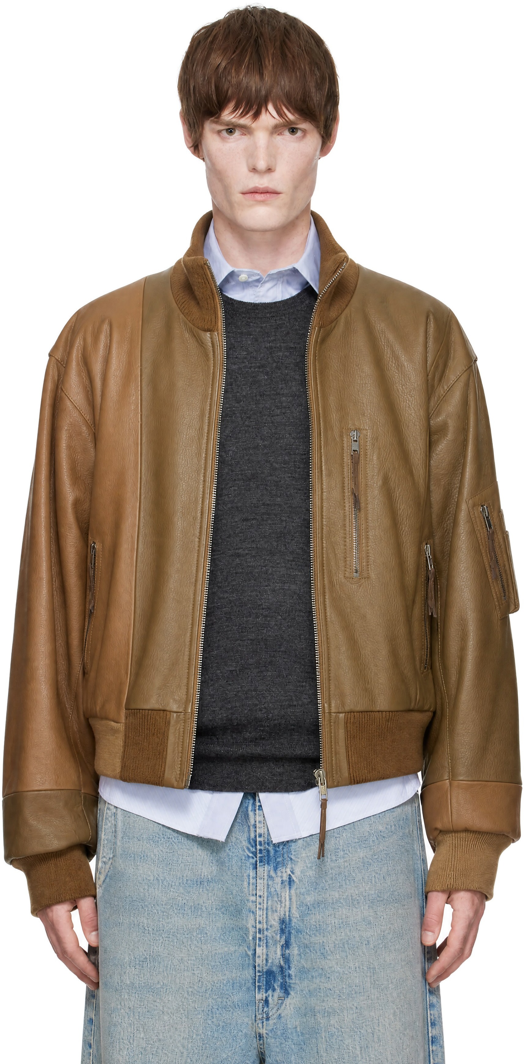 Maison Margiela - Tan Spliced Leather Bomber Jacket