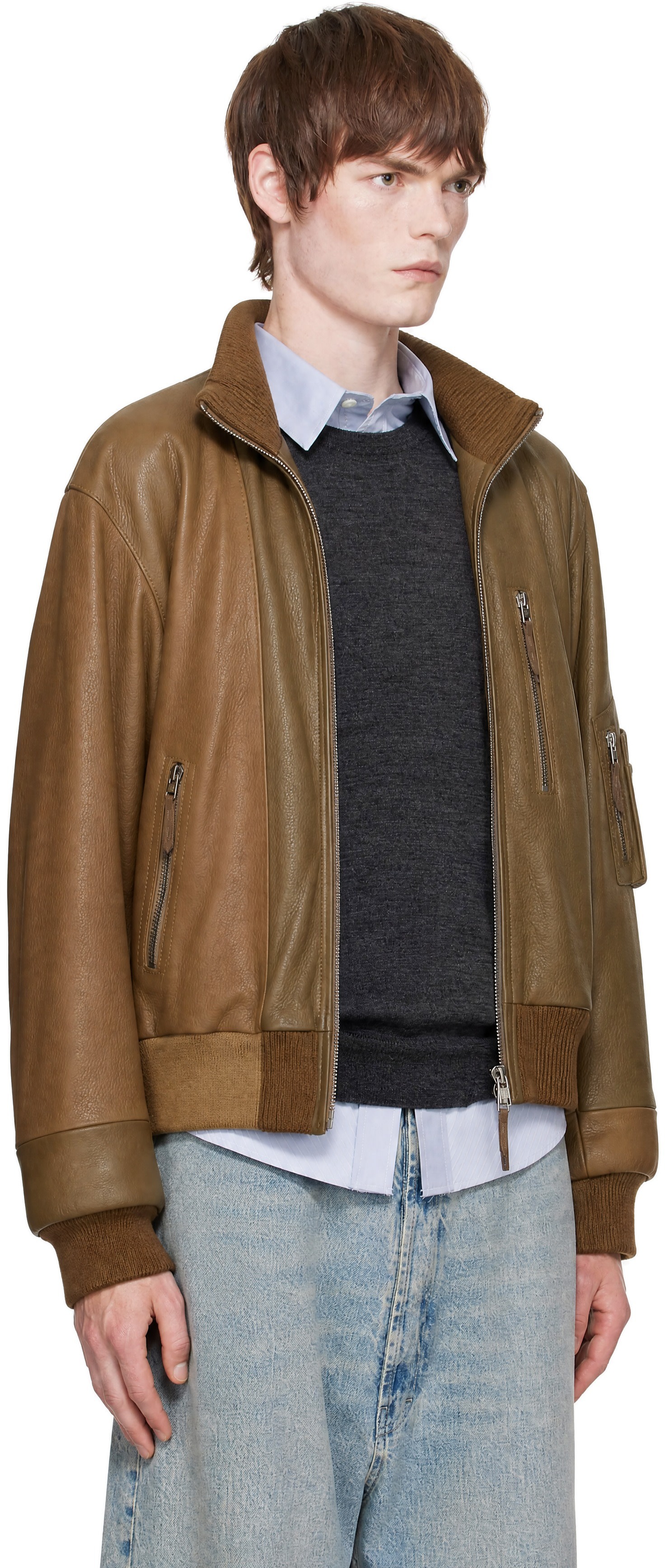 Maison Margiela - Tan Spliced Leather Bomber Jacket