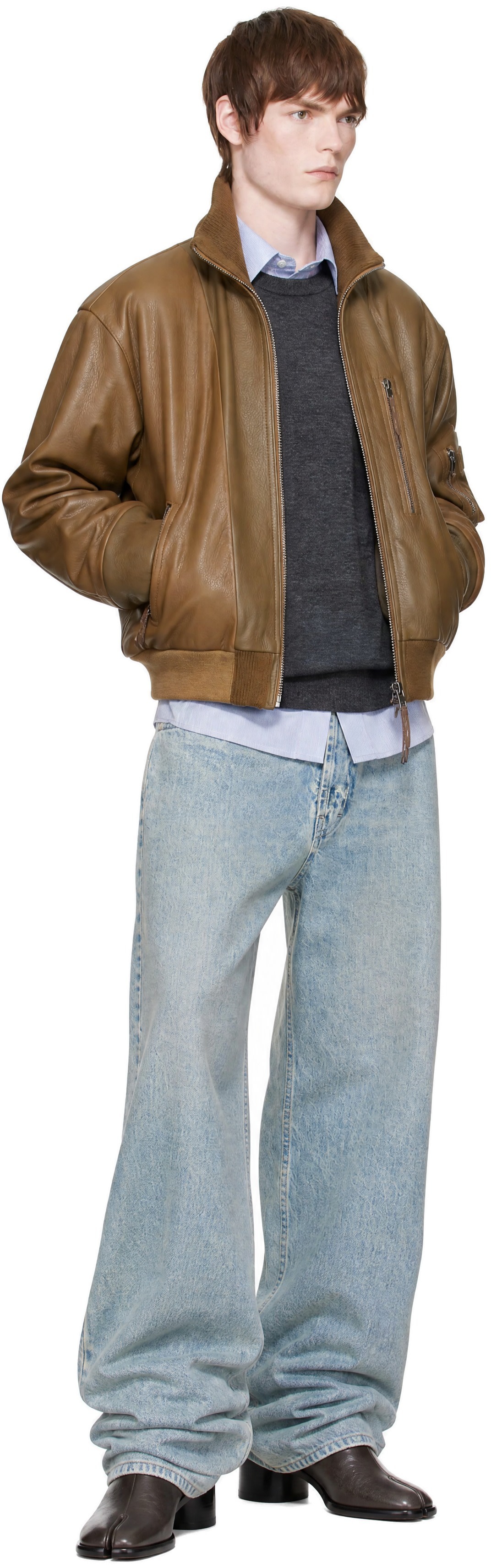 Maison Margiela - Tan Spliced Leather Bomber Jacket
