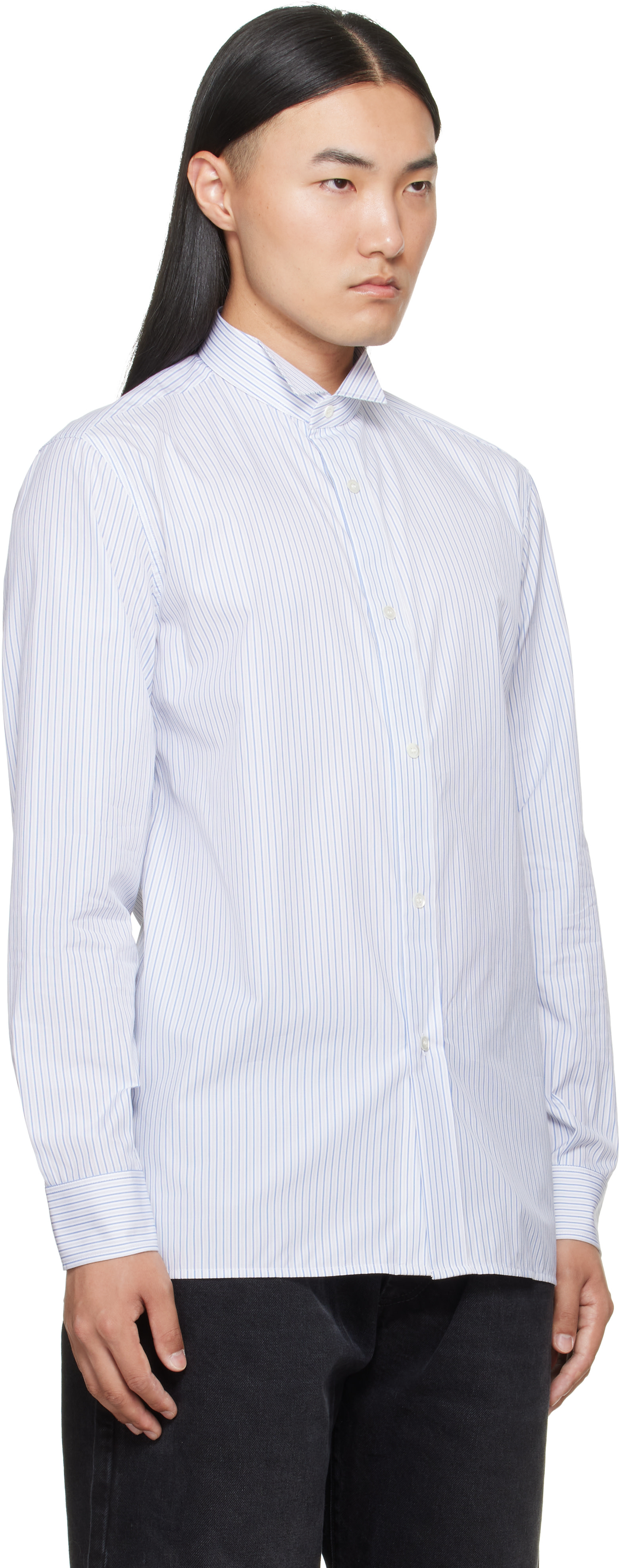 Maison Margiela: White & Blue Striped Cotton Shirt | SSENSE