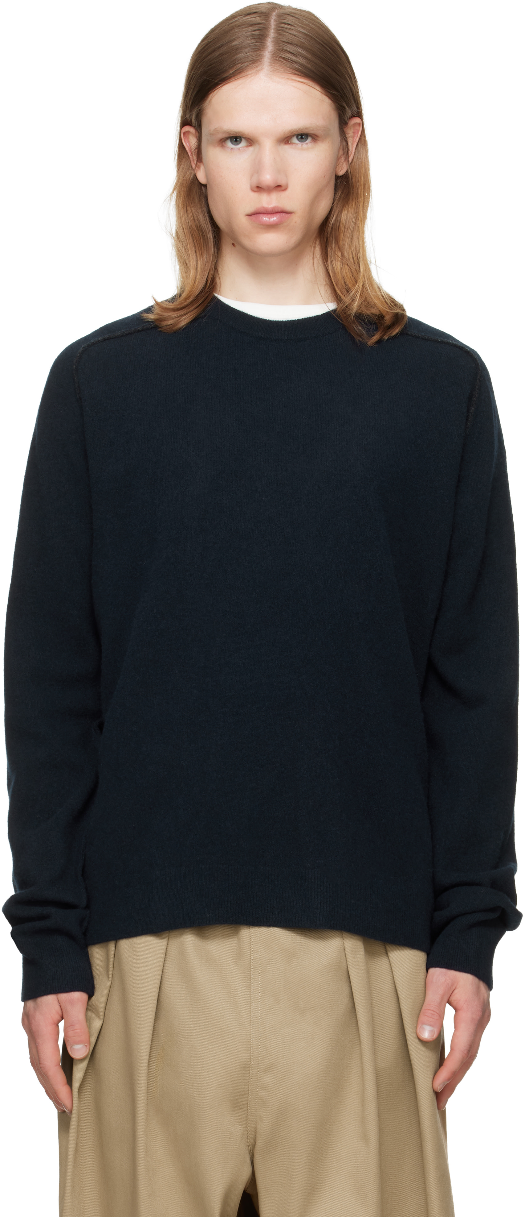 Maison Margiela: Navy Virgin Wool Crewneck Sweater | SSENSE