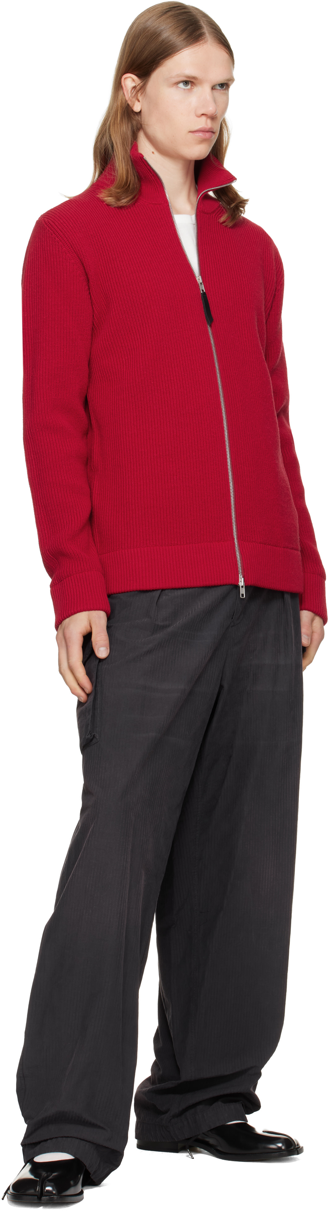 Maison Margiela: Red Knit Zip-Up Sweater | SSENSE