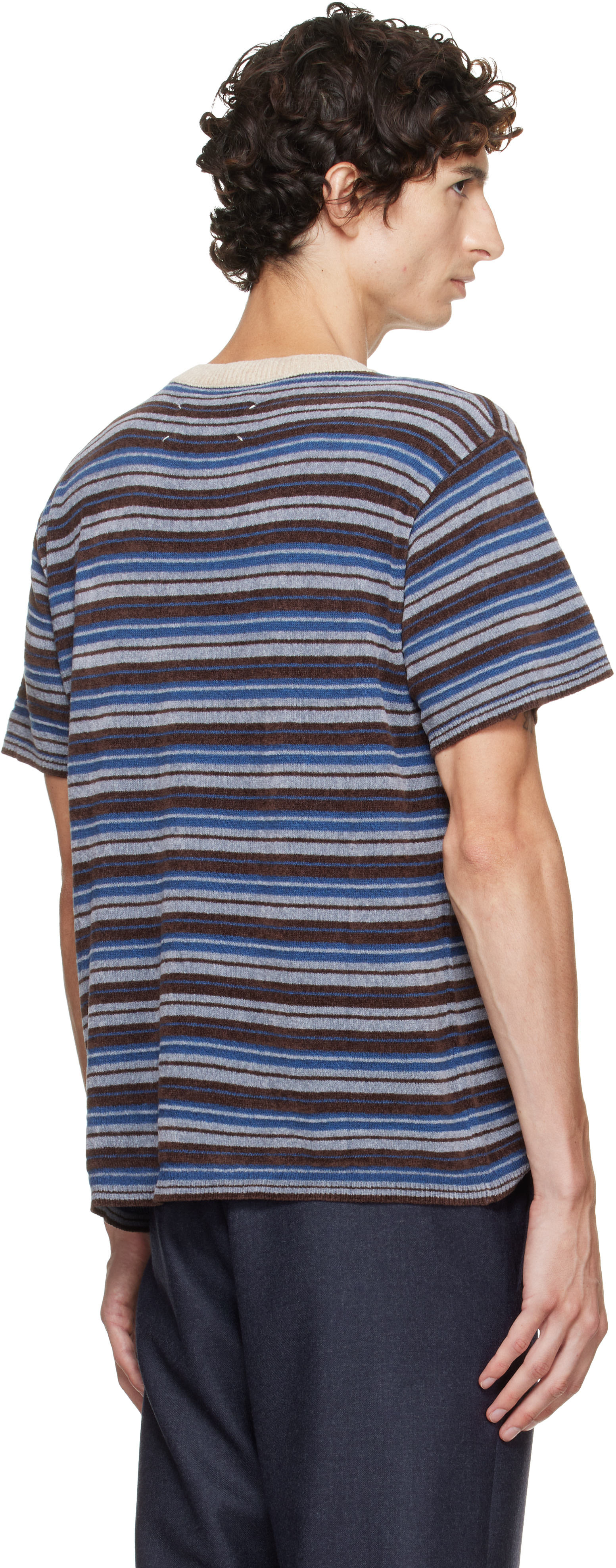 Maison Margiela: Blue Striped Wool Crewneck T-shirt | SSENSE